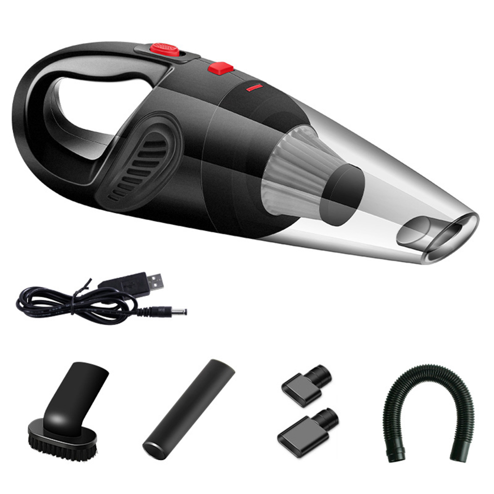 Ein schwarzer Handstaubsauger mit Zubehör: USB-Kabel, Bürstenkopf, Rohr, Düsen und Schlauch.