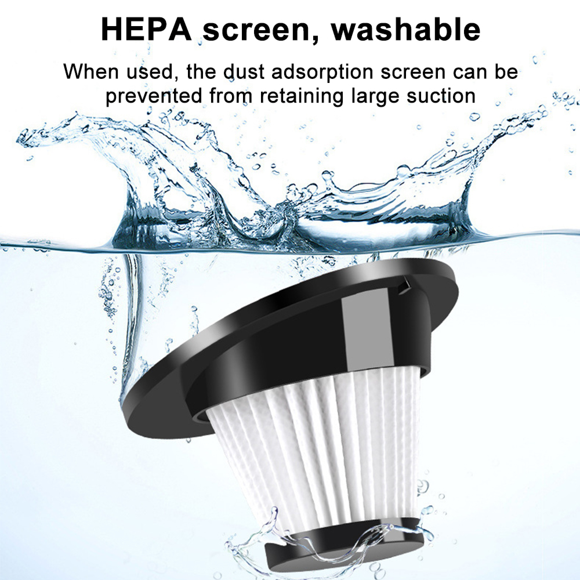 Ein HEPA-Filter mit weißem Gewebe in schwarzem Gehäuse taucht in Wasser.