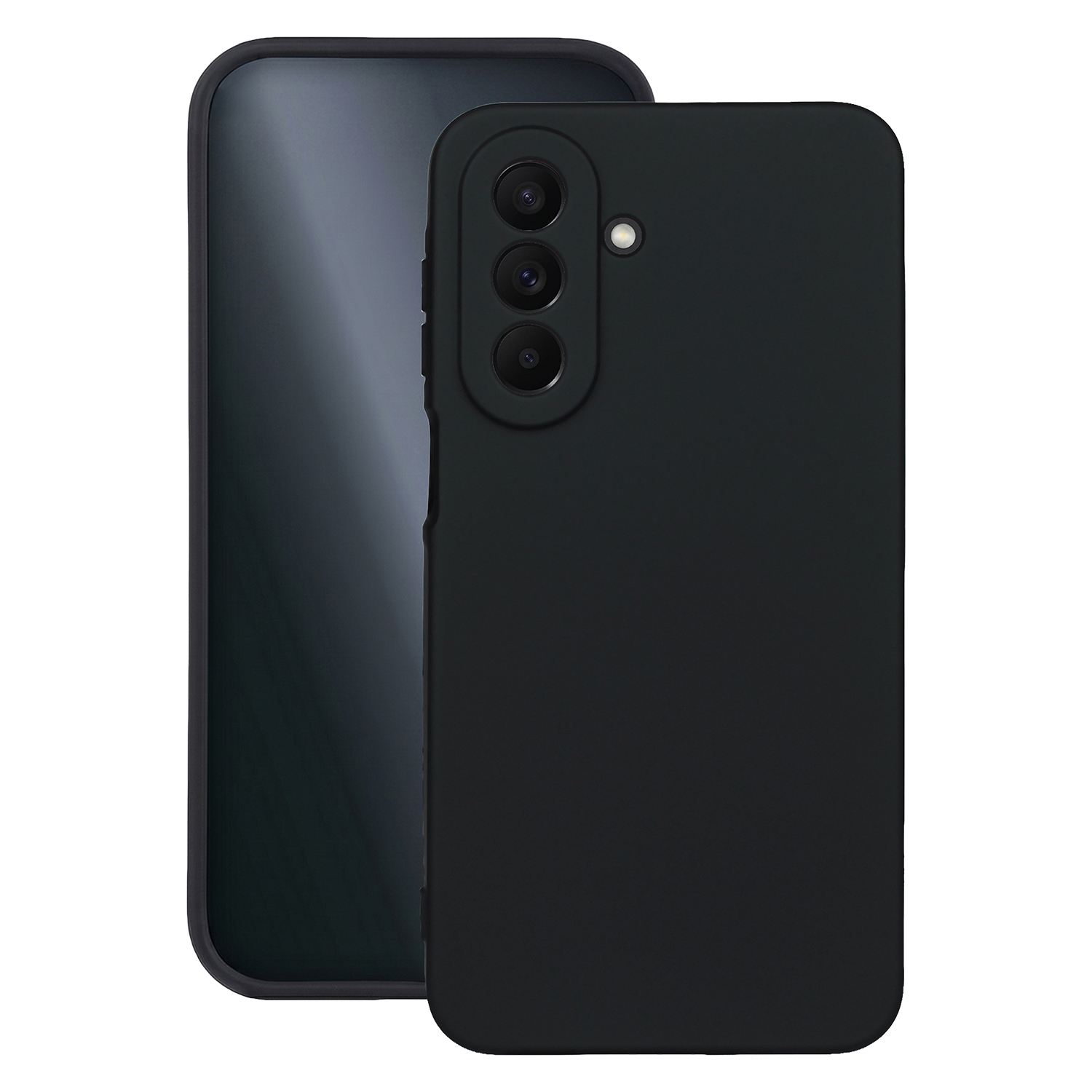 Ein schwarzes Smartphone mit einer schwarzen Hülle, die die Kamera zeigt.