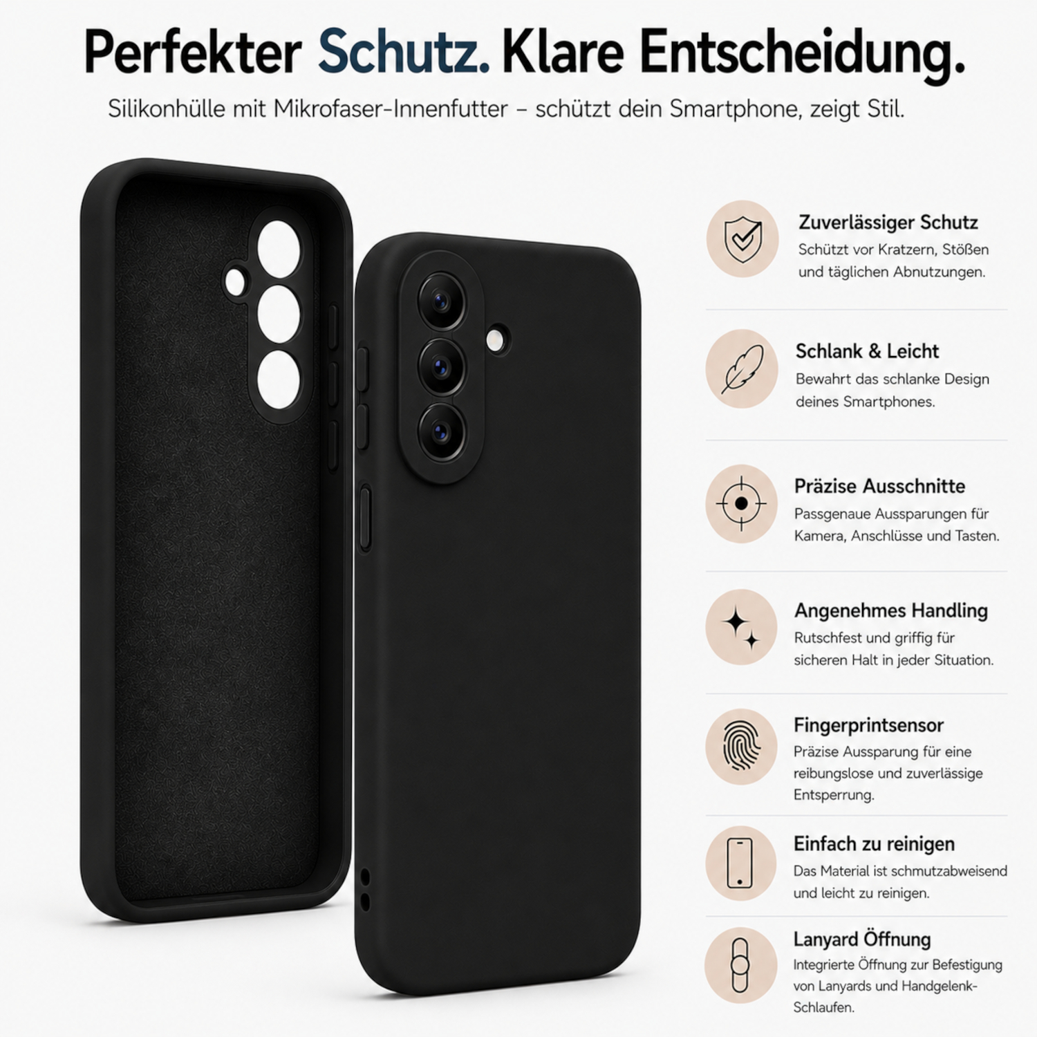 Schwarze Handyhülle, offen gezeigt und geschlossen, mit Liste von Vorteilen.