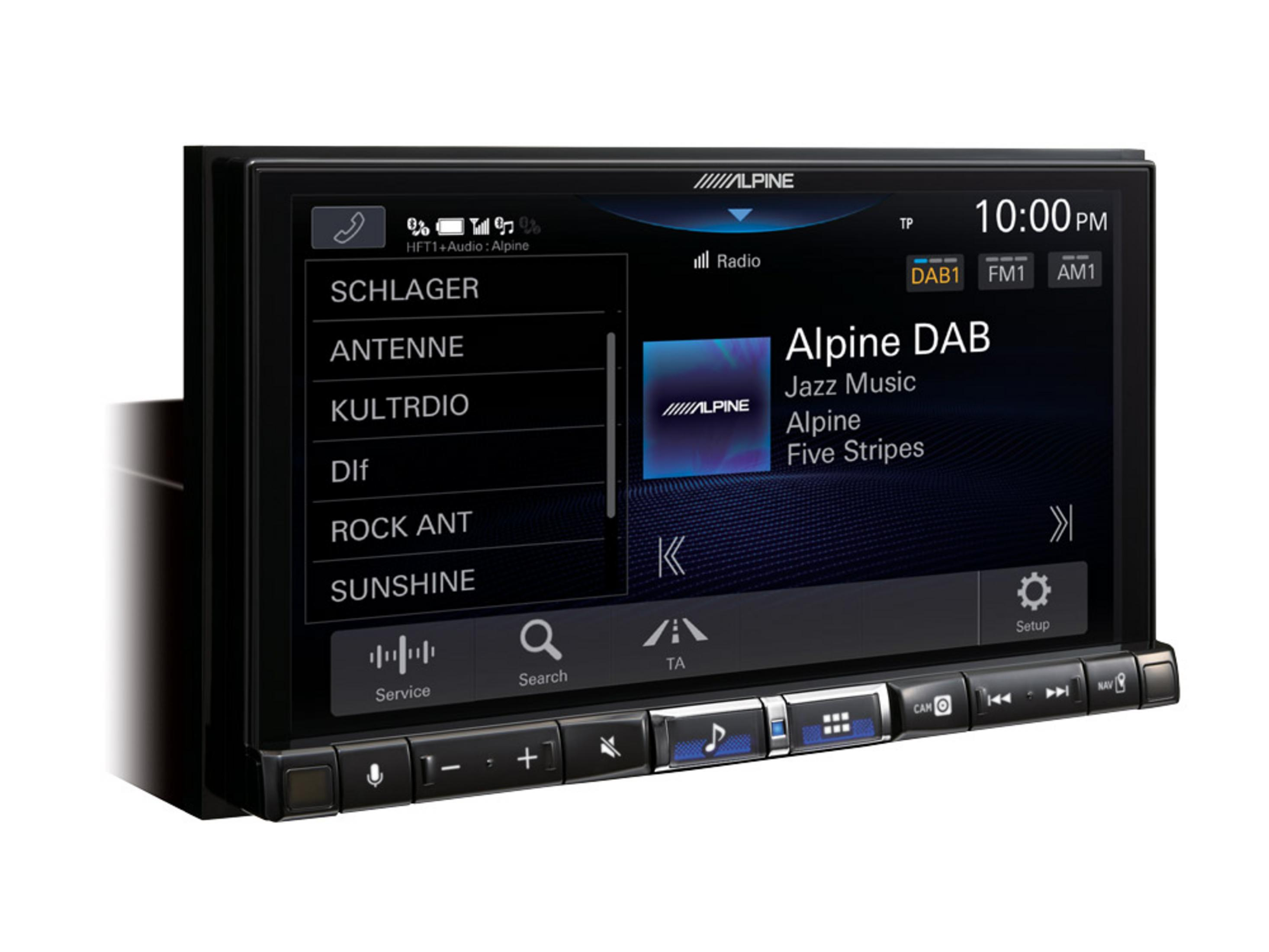 Alpine Autoradio mit Touchscreen zeigt Radiosender und Musik an.