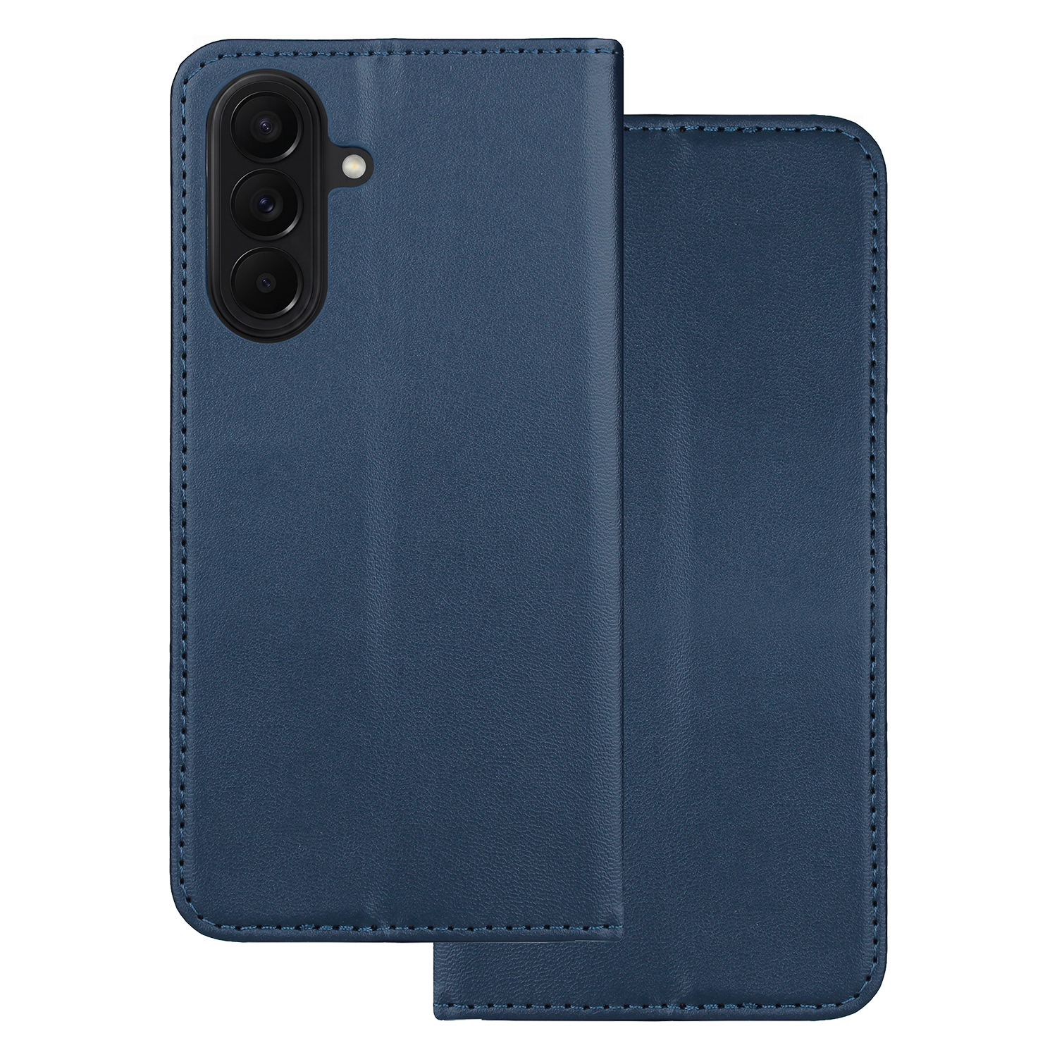 Dunkelblaue Handyhülle aus Leder mit Kameraöffnung und Nähten.