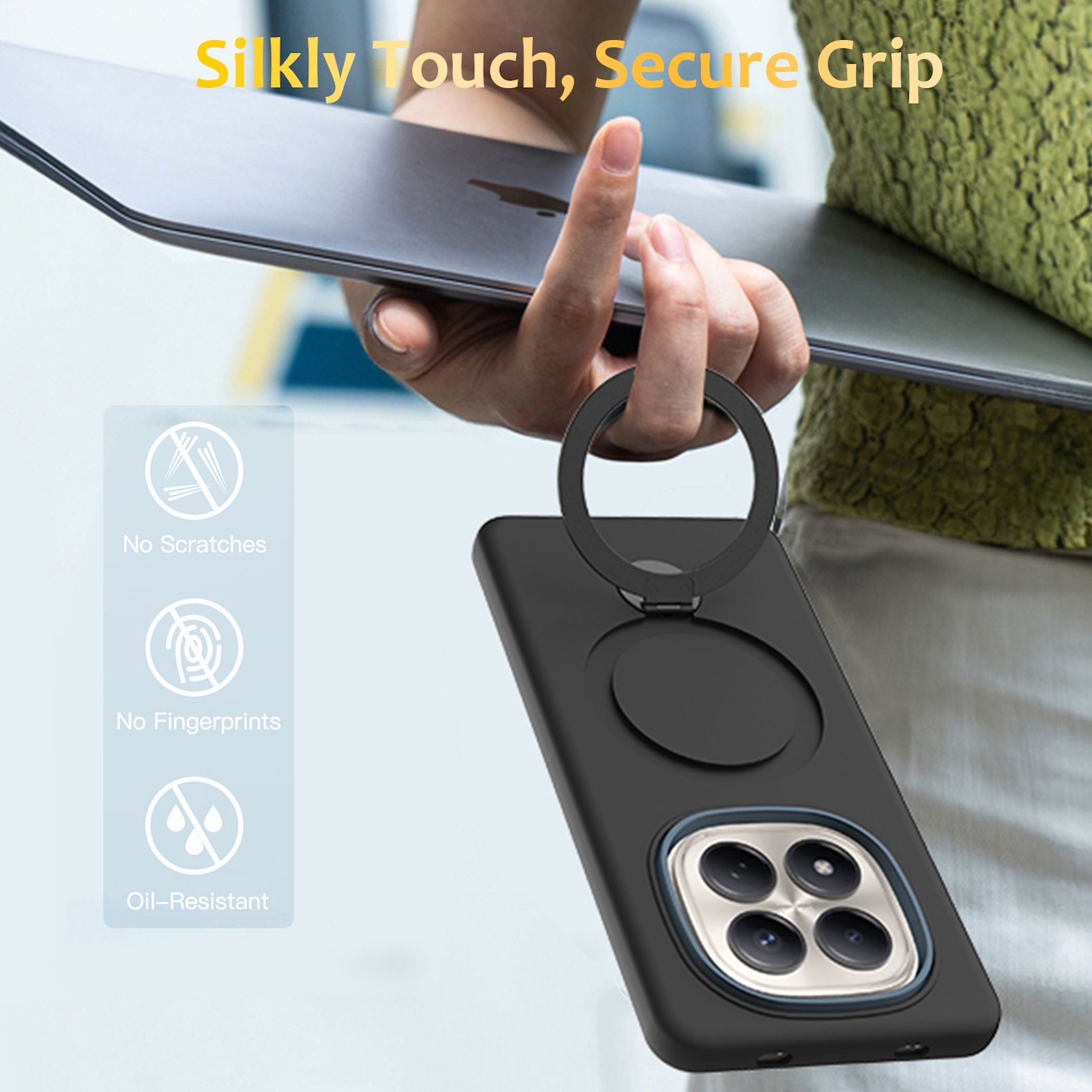Schwarze Handyhülle mit Ringhalter und vierfacher Kamera. "No Scratches."