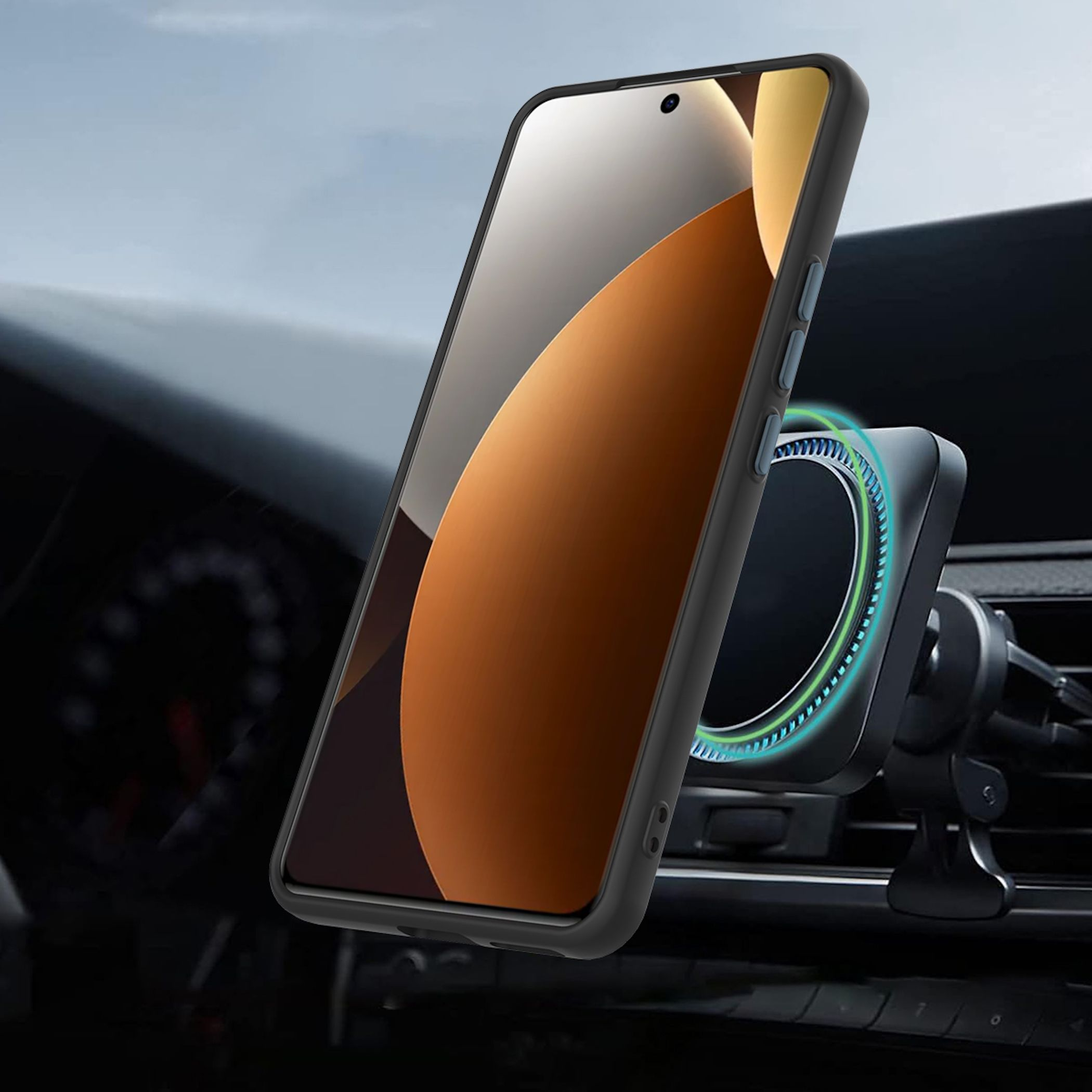 Ein Smartphone auf einem magnetischen Autohalter, der an einem Lüftungsschlitz befestigt ist.