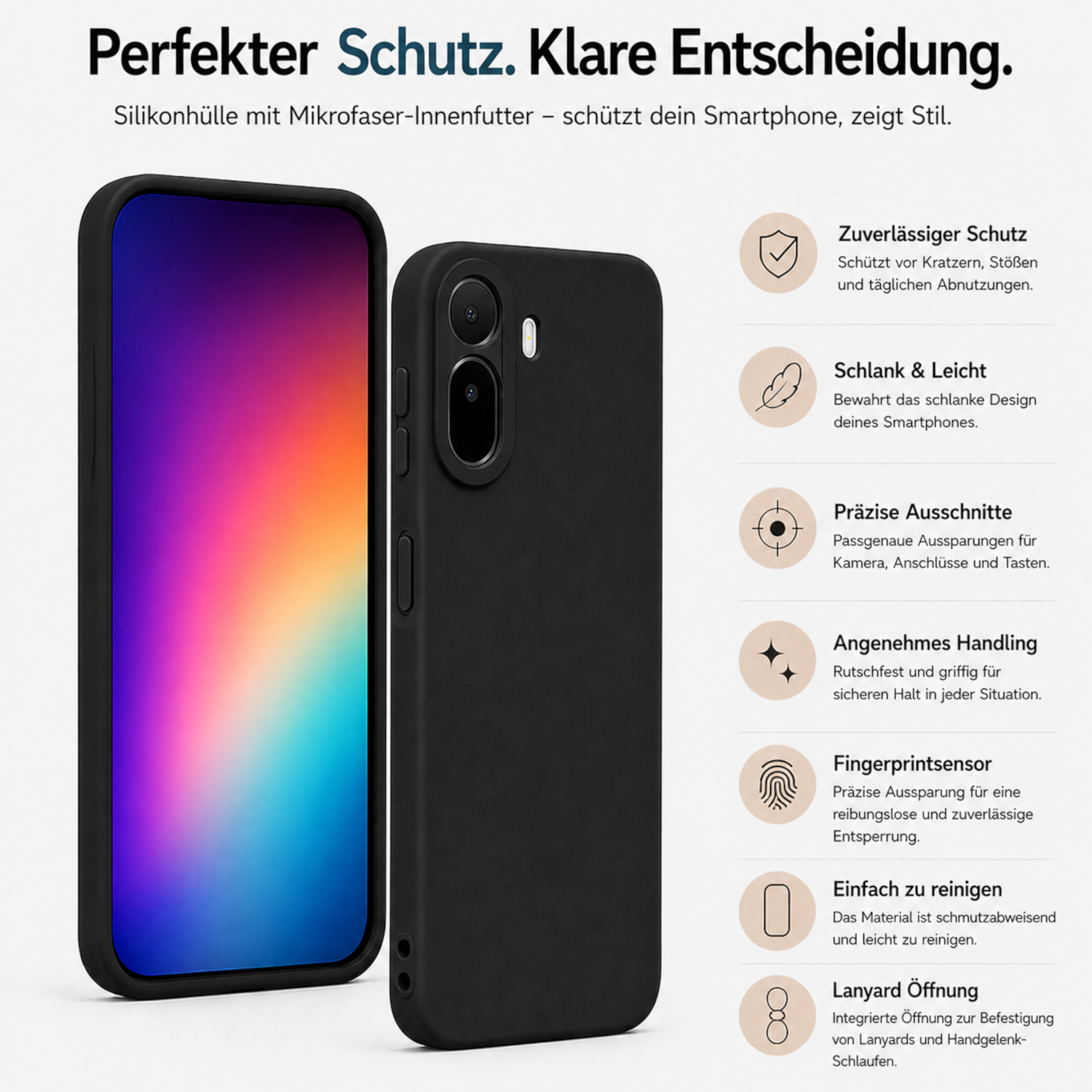 Schwarze Handyhülle neben Smartphone mit buntem Display, auf weißem Grund.