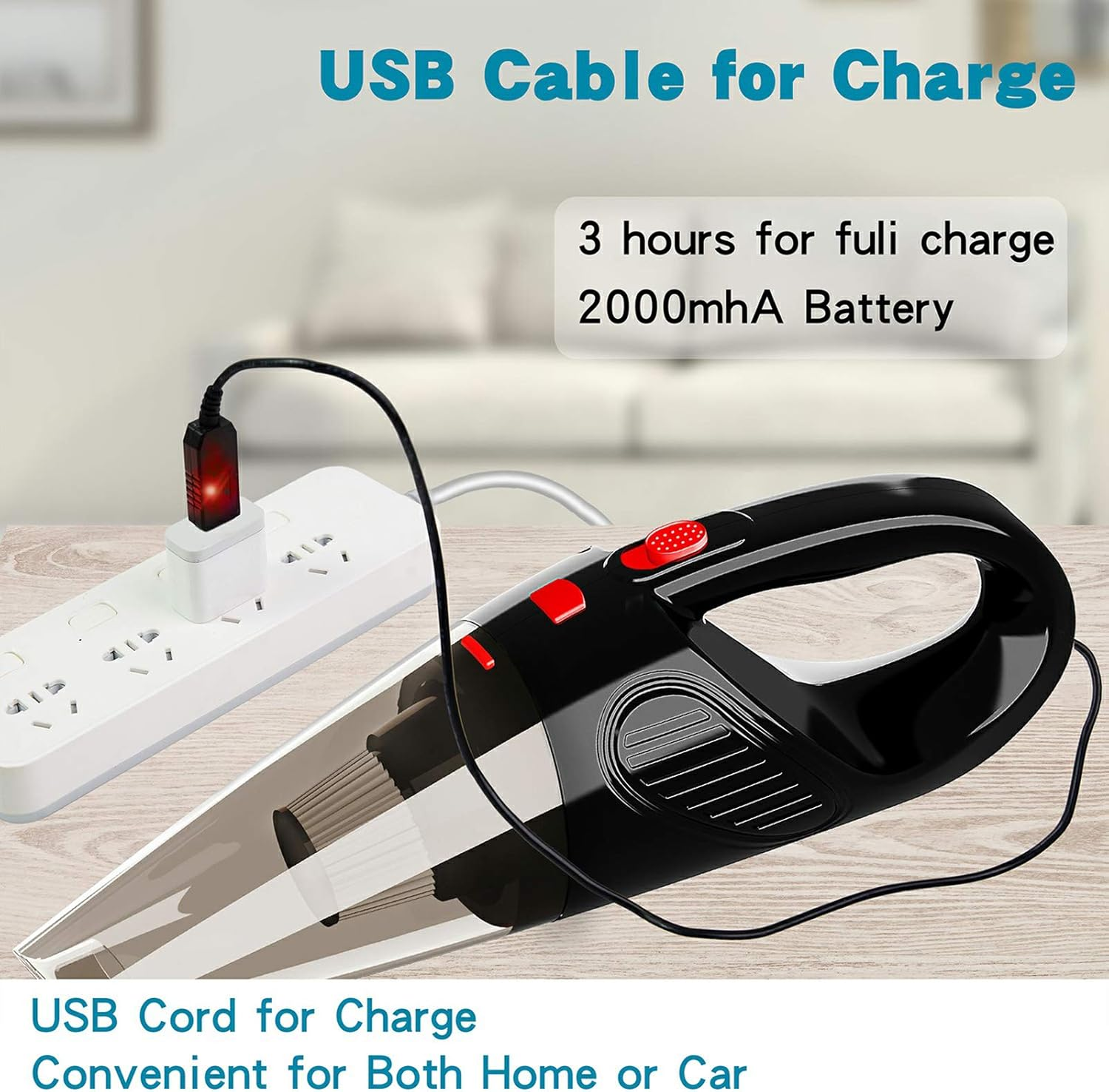 Schwarzer Handstaubsauger wird über USB an eine weiße Steckdosenleiste geladen.