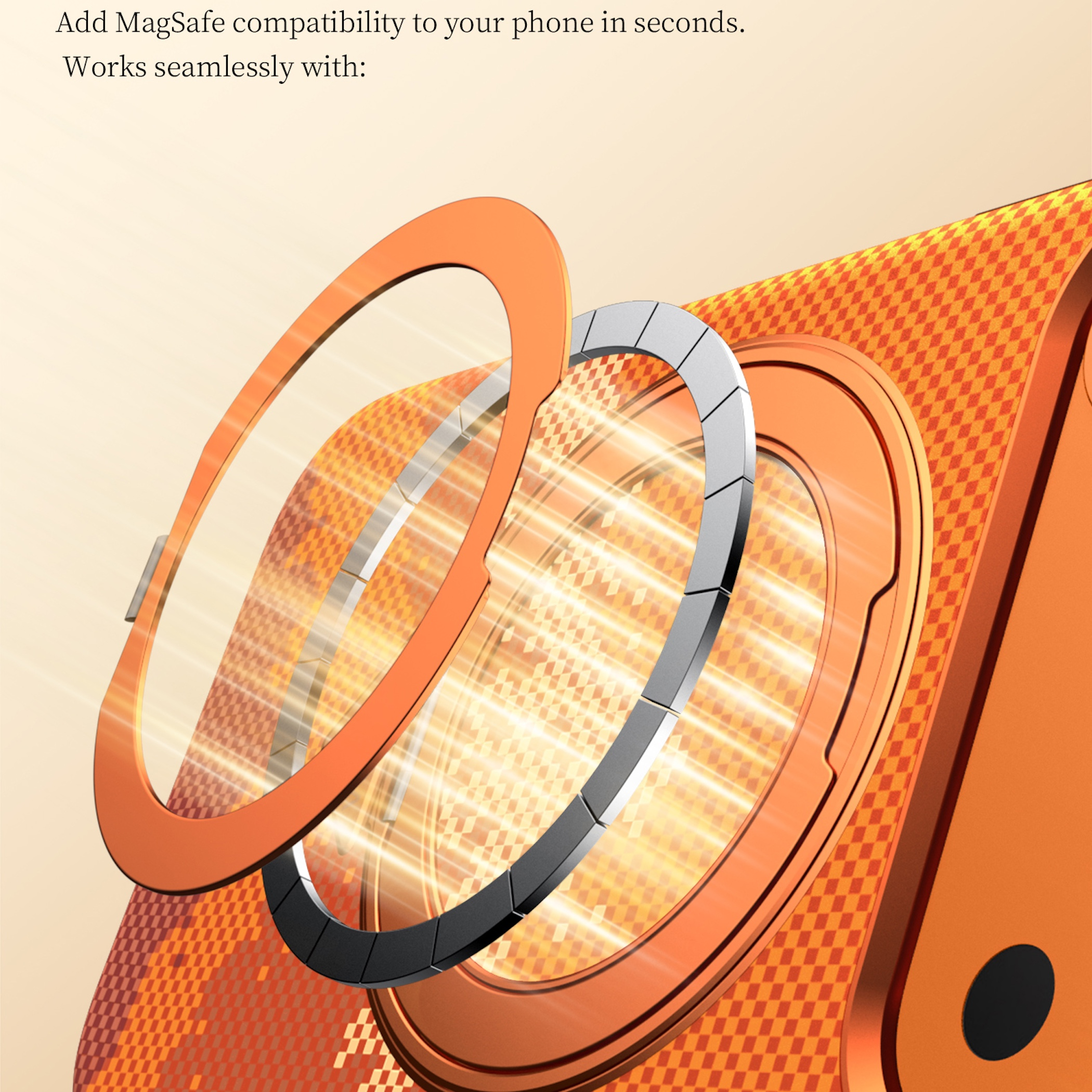 Orange und silberne Ringe mit MagSafe-Kompatibilität auf einem gemusterten Hintergrund.