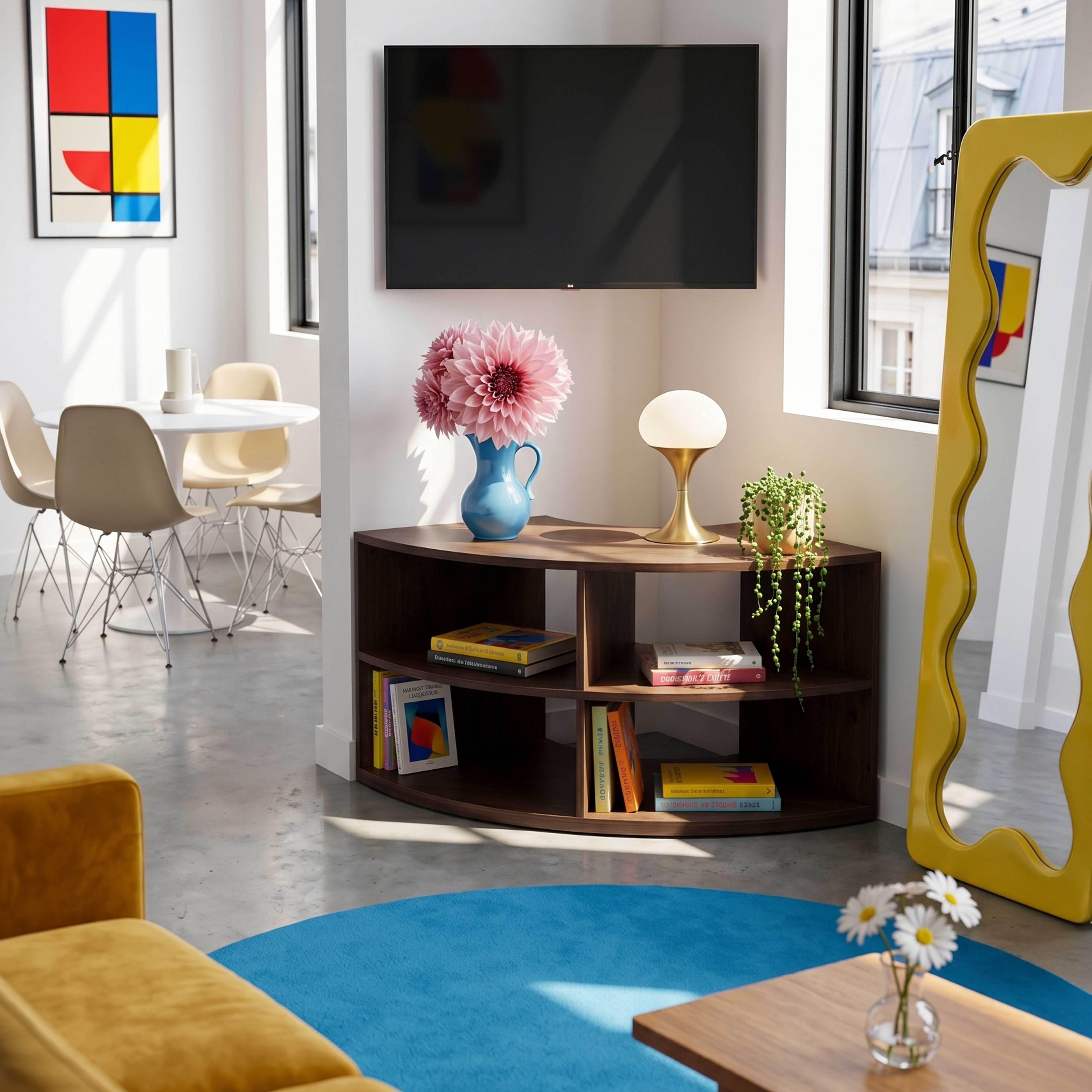 Ein Wohnzimmer mit gelbem Sofa, blauem Teppich und einem Bücherregal.