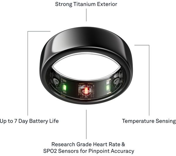 Schwarzer Ring mit Sensoren, Akkulaufzeit und Temperaturerkennung.