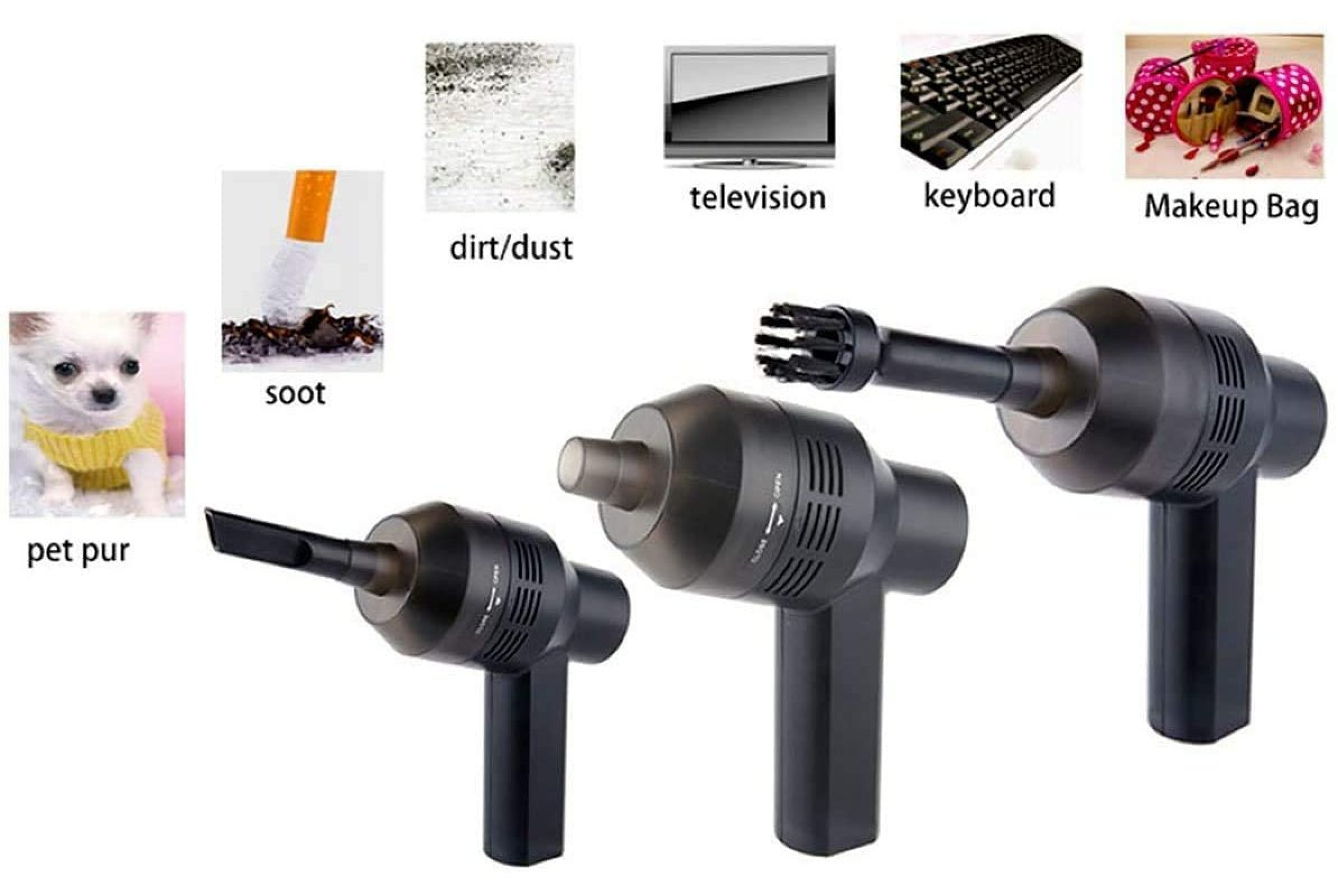 Ein Hund, Zigarettenstummel, Staub, Fernseher, Tastatur, Kosmetiktasche und drei Staubsauger.