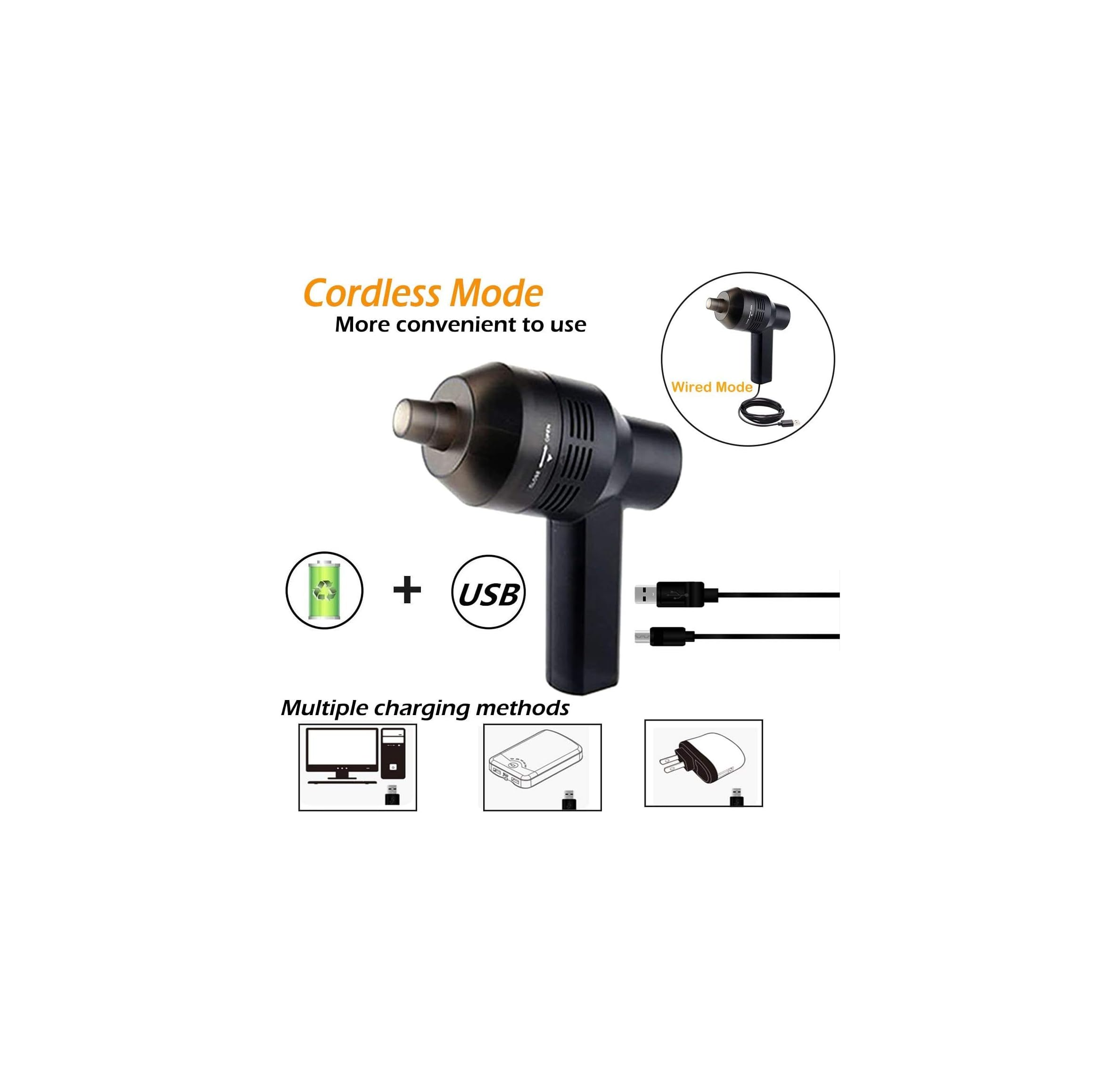 Ein schwarzer kabelloser Luftreiniger mit USB-Ladeoptionen und Zubehör.