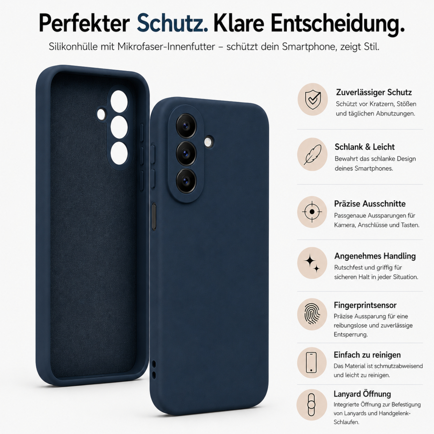 Dunkelblaue Silikonhülle für Smartphone, zeigt Schutzfunktionen.
