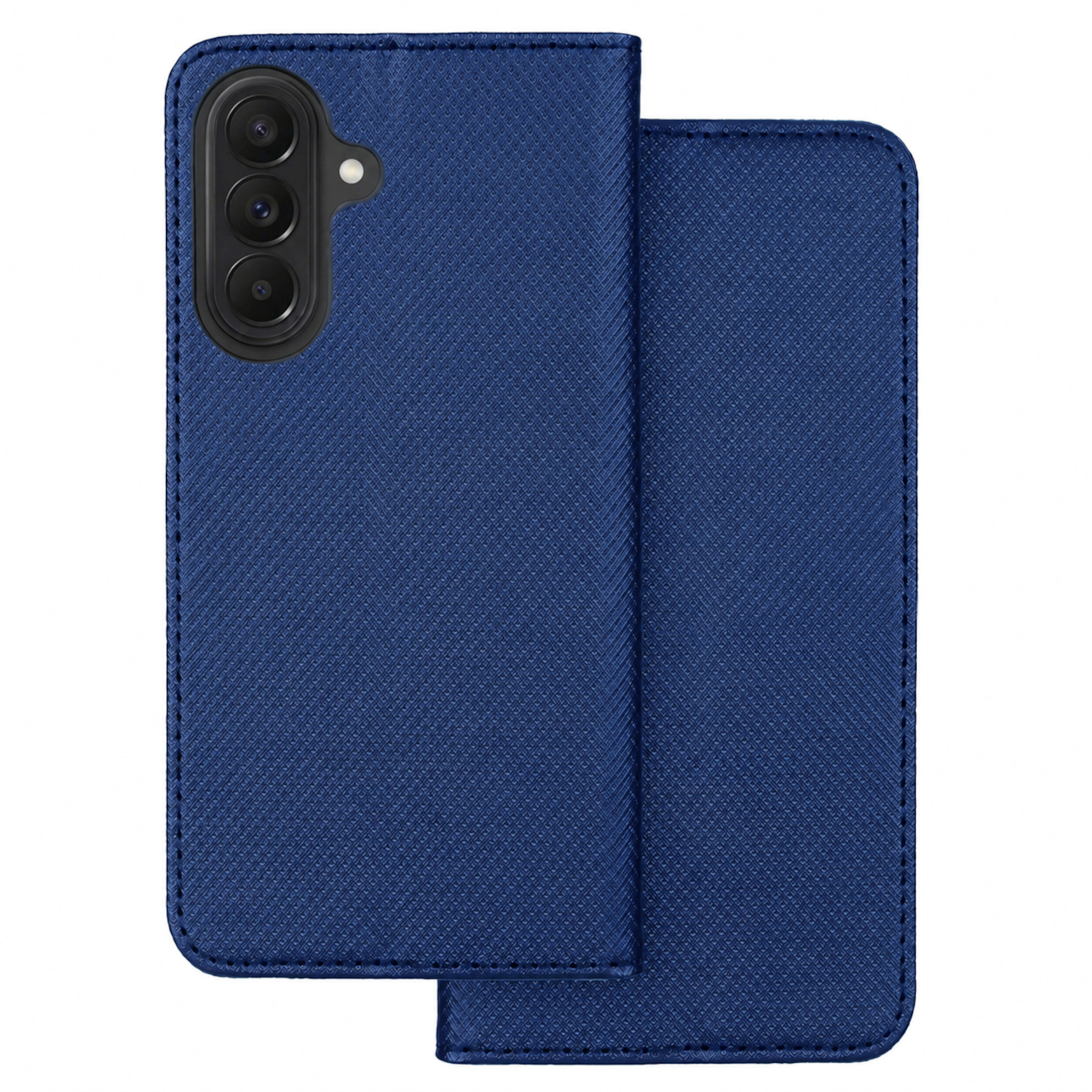 Dunkelblaues Handycover mit drei Kameras auf der Rückseite.