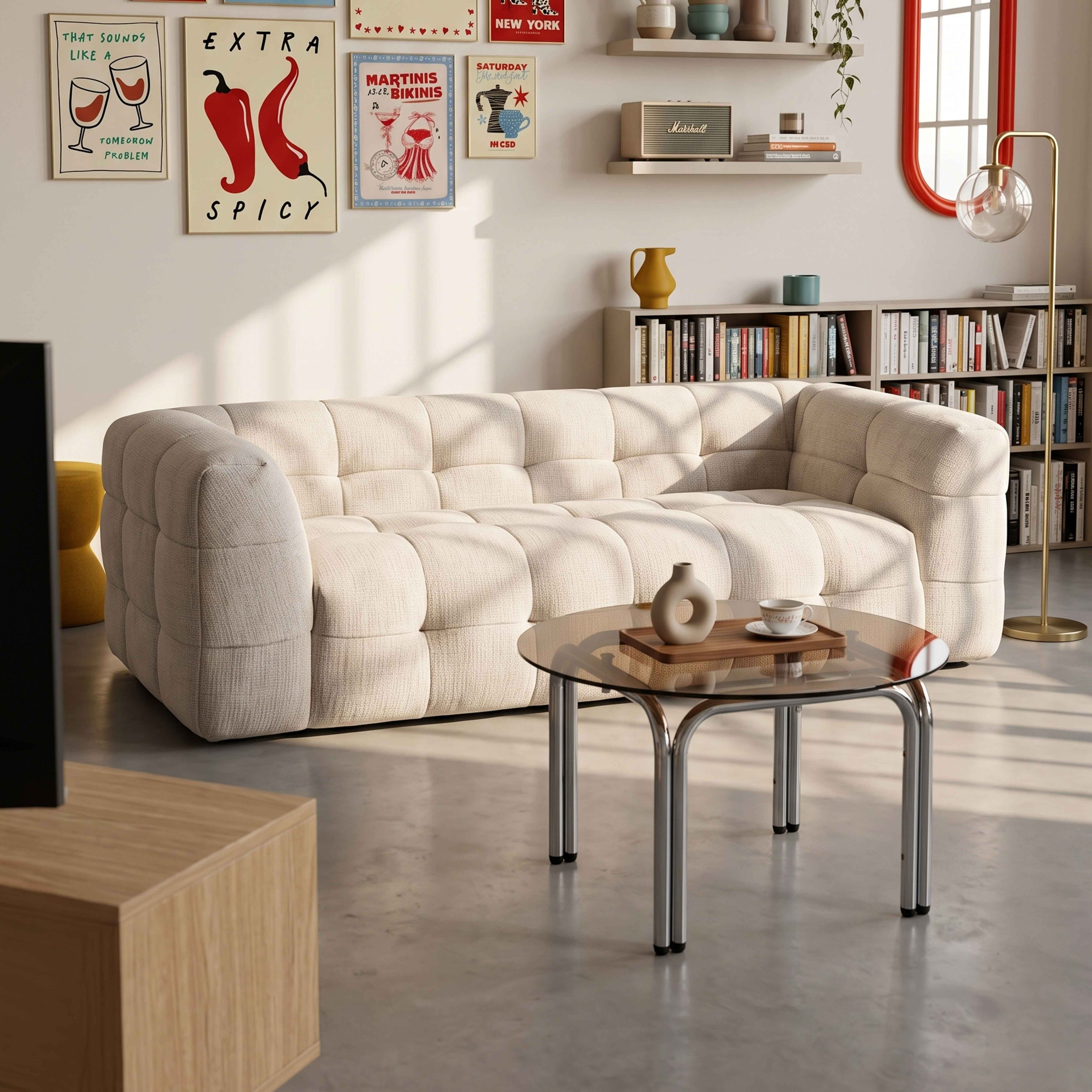 Ein hellbeiges Sofa steht in einem Wohnzimmer mit Kunst an der Wand.