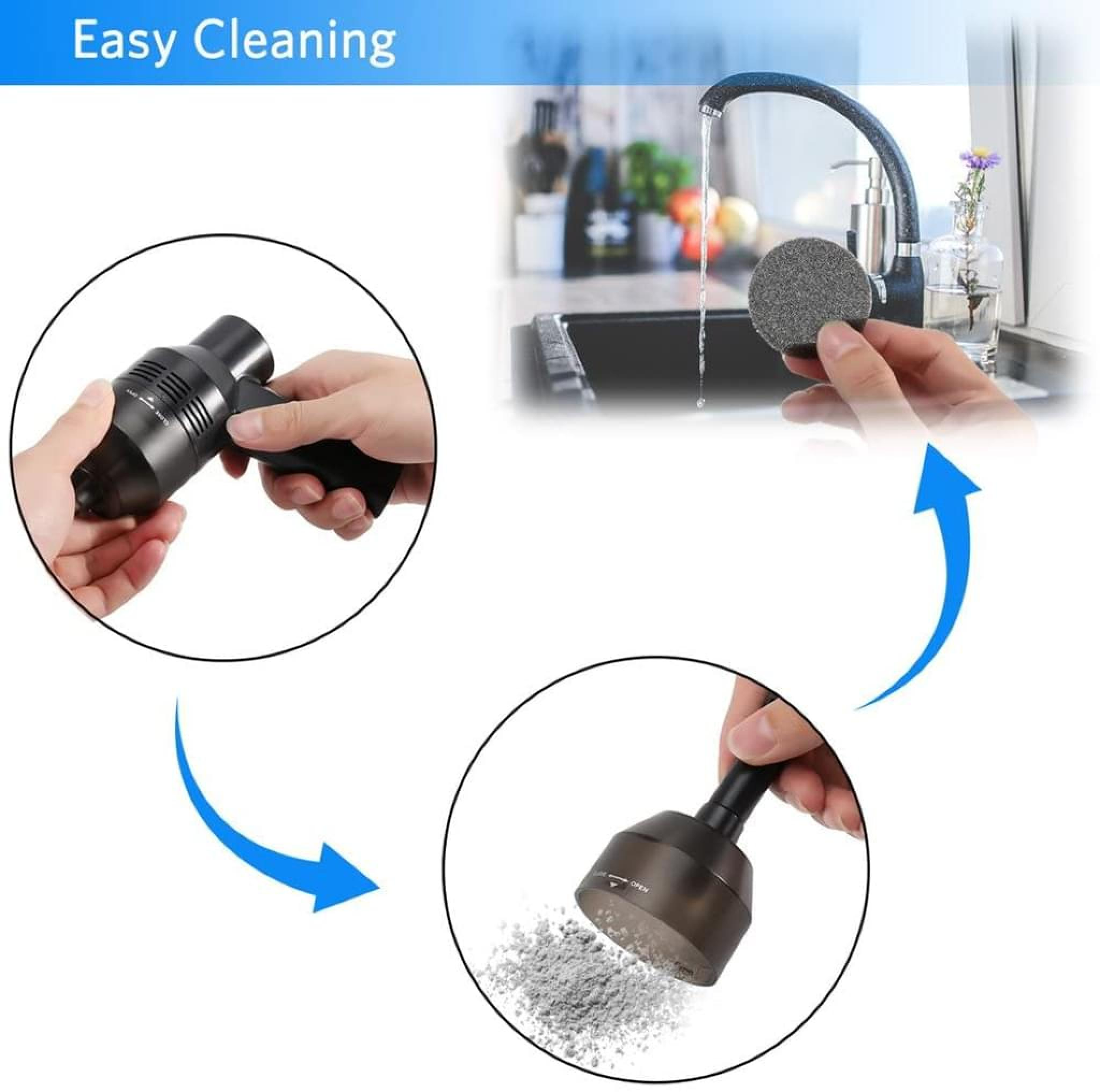Person hält schwarzen Mini-Staubsauger; Person hält runden Filter vor Wasserhahn; Staubsauger saugt Staub auf.