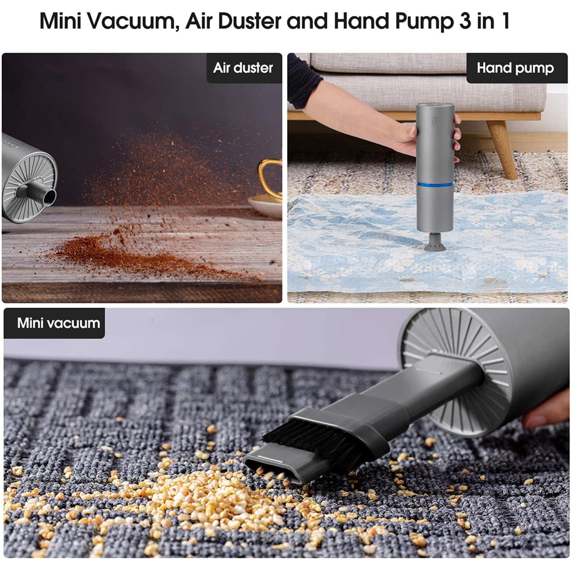 Collage zeigt 3-in-1-Gerät: Luftentstauber, Handpumpe, Mini-Staubsauger.