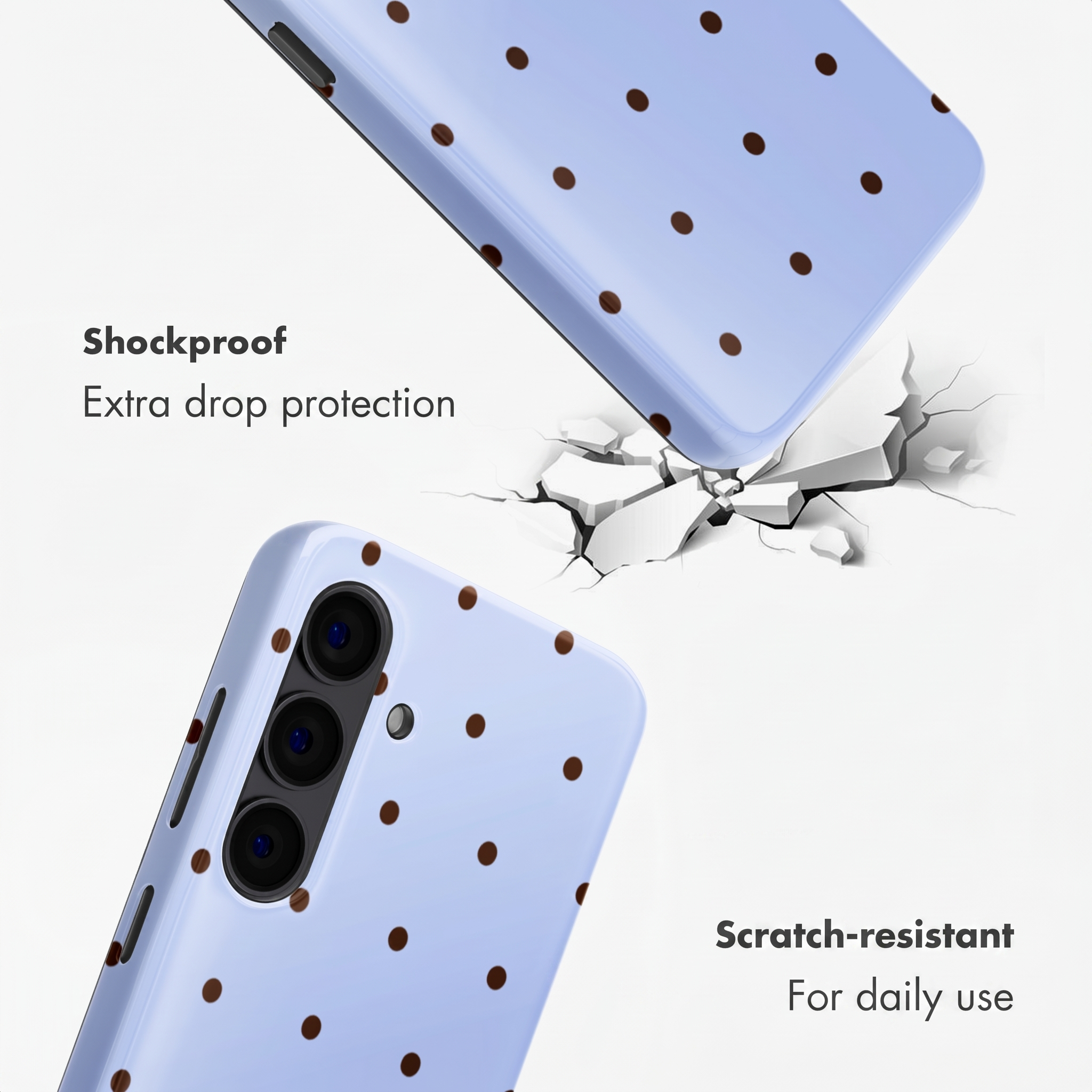 Funda morada con puntos marrones, mostrando suelo agrietado.