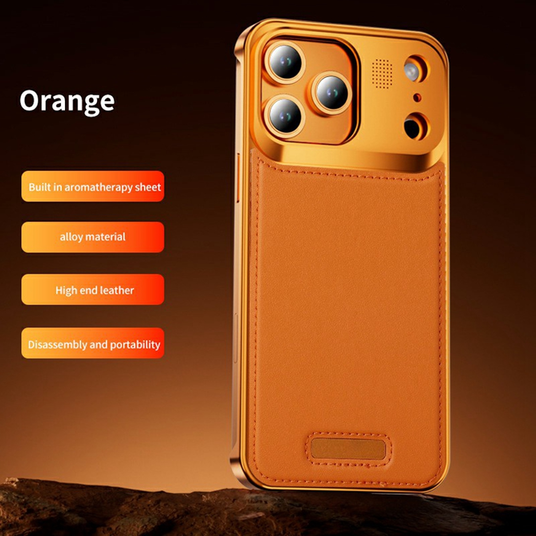 Orangefarbene Handyhülle mit drei Kameralinsen und Lederdetail.