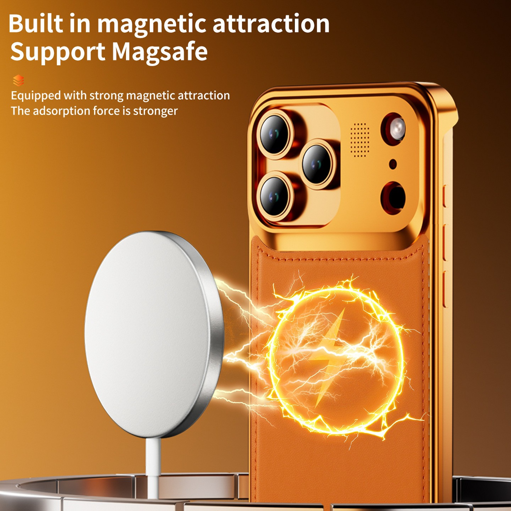 Goldene Handyhülle mit Magnet-Ladegerät und Blitz-Symbol.
