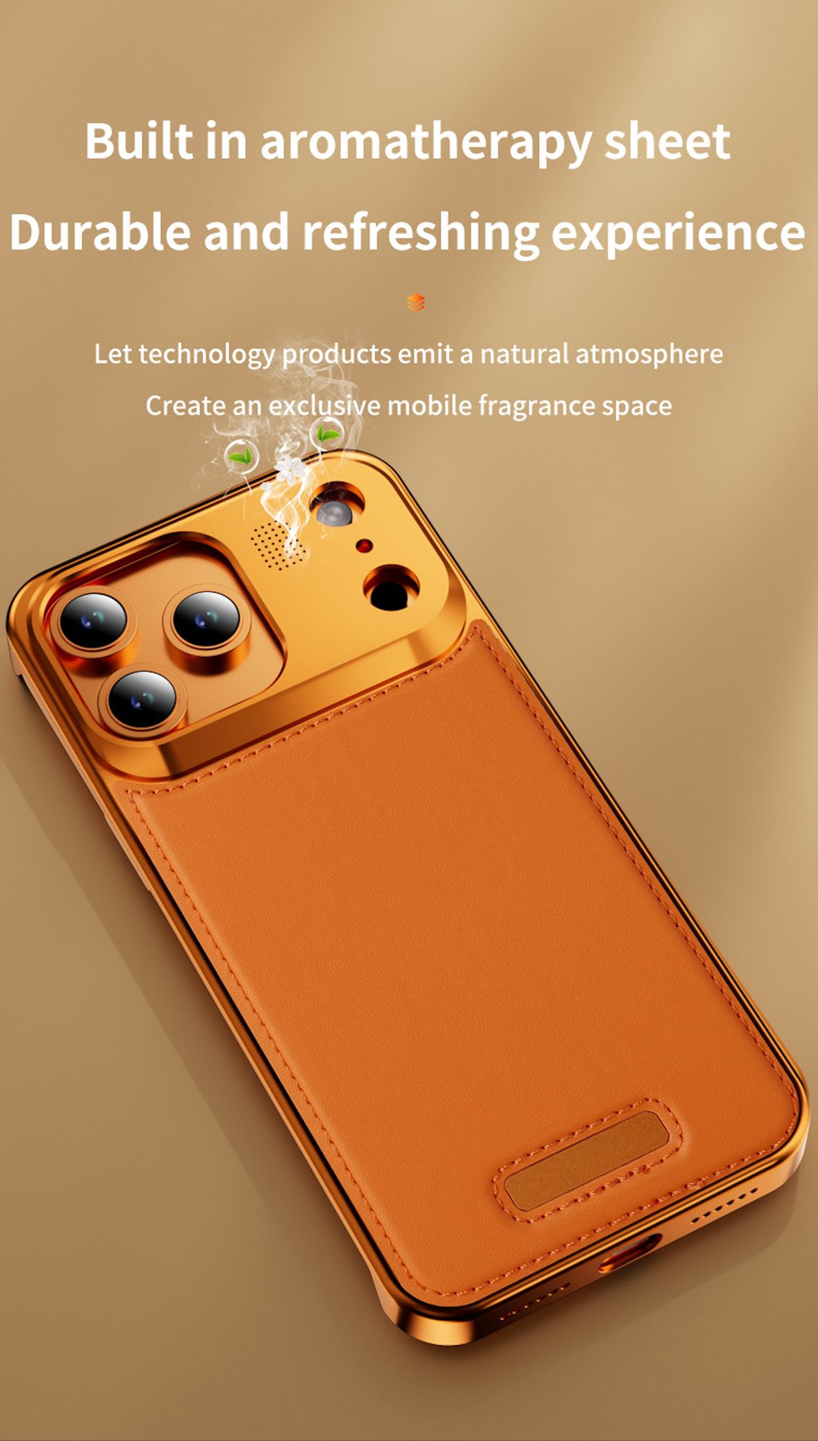 Orange Handyhülle mit drei Kameras und einem Duftspender.