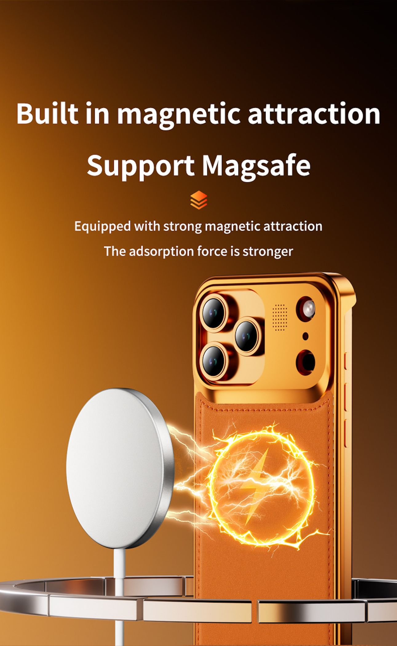 Ein orangefarbenes Handy-Case mit Magnet-Ladegerät und Blitz-Symbol.