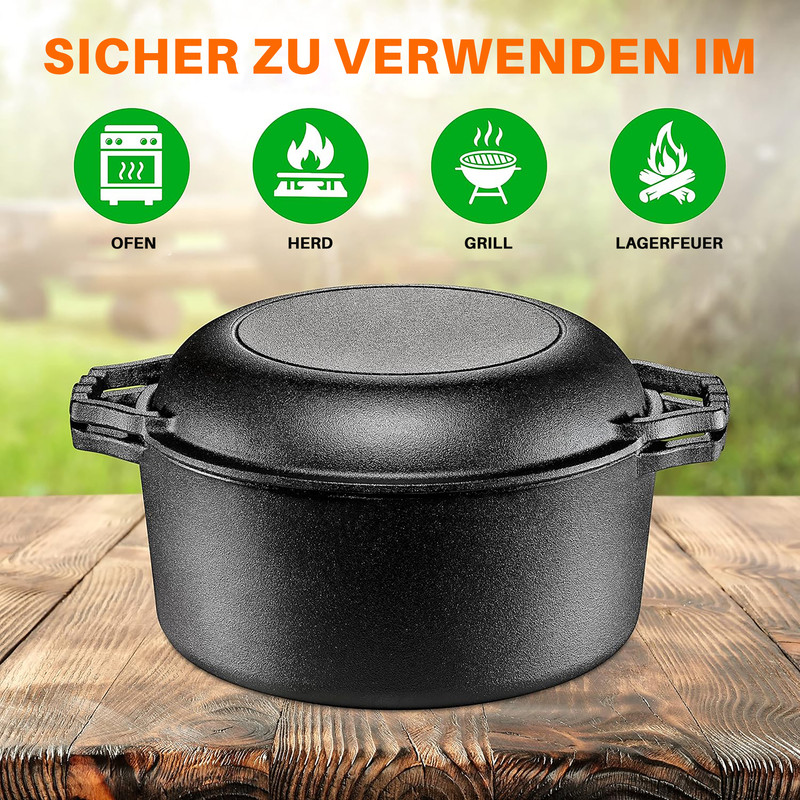 Schwarzer Gusseisentopf auf Holztisch; Symbole für Ofen, Herd, Grill, Lagerfeuer.