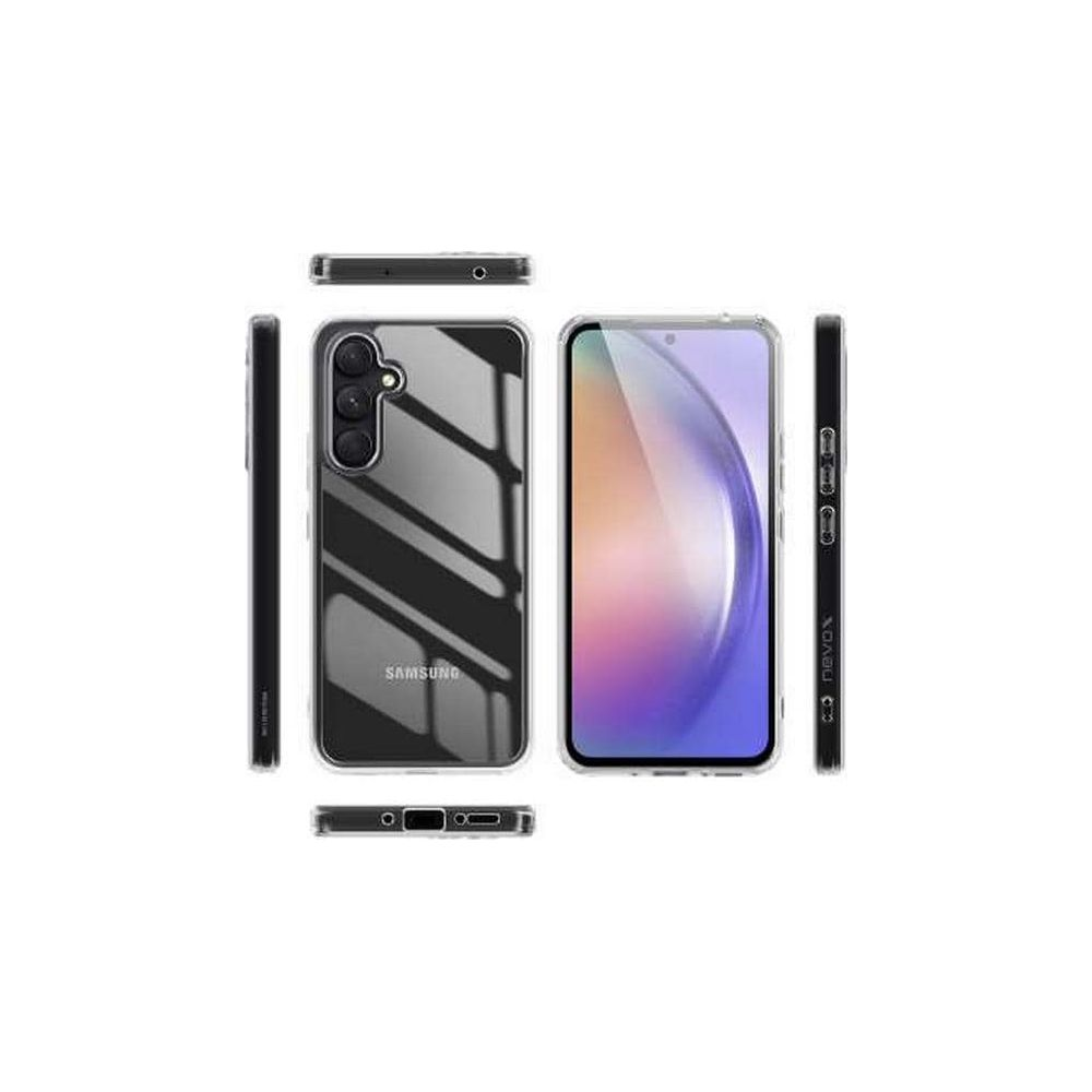 Ein Smartphone mit klarem Gehäuse, Kamera und Bildschirm, umgeben von Hüllen.