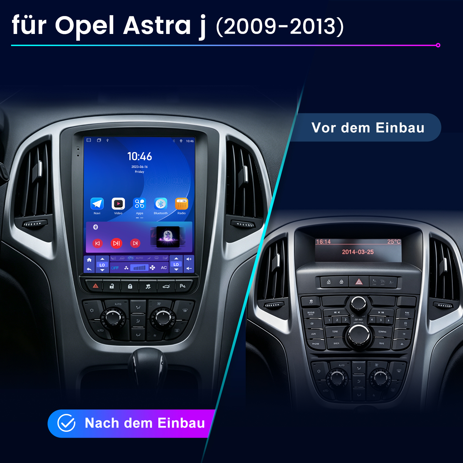Vergleich zweier Opel Astra J-Infotainmentsysteme: Vor und nach dem Einbau.