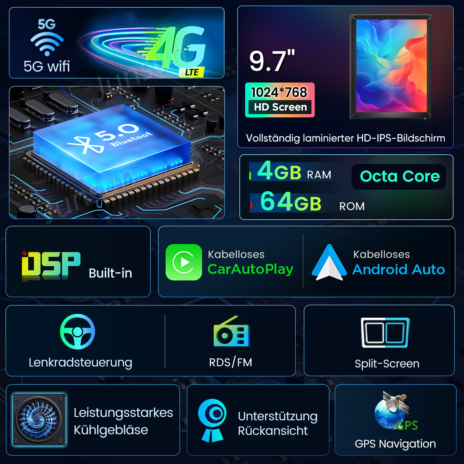 Bildschirm mit 5G WiFi, Bluetooth 5.0, 4GB RAM, 64GB ROM, Octa Core, DSP, Carplay, Android Auto, Lenkradsteuerung, RDS/FM, Split-Screen, Kühlung, Rückfahrkamera, GPS.