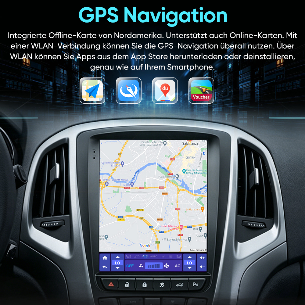 Ein Navigationssystem mit Karte von Salamanca, Spanien, in einem Auto.
