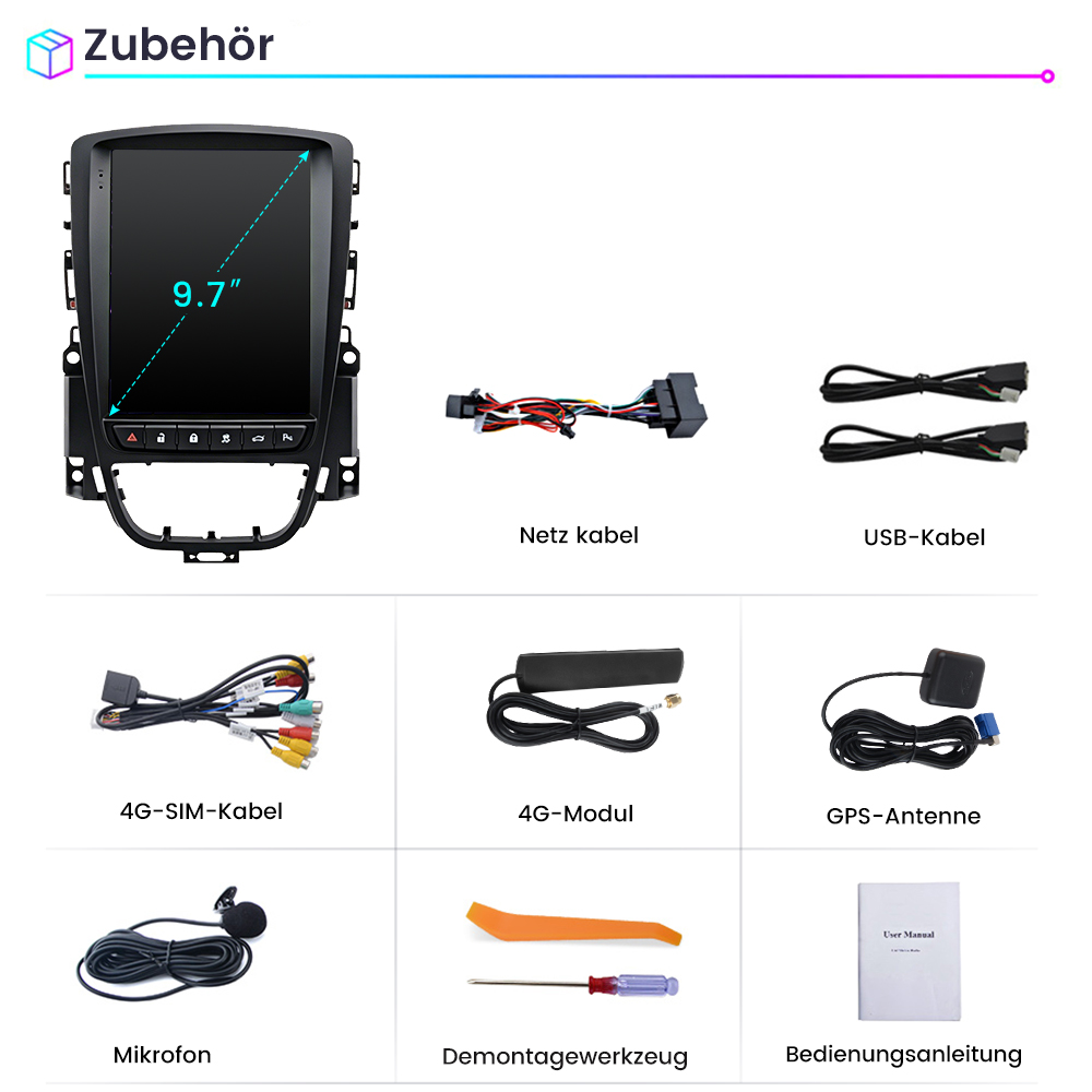 Zubehör: 9,7-Zoll-Bildschirm, Kabel, Modul, Antenne, Mikrofon, Werkzeug, Anleitung.