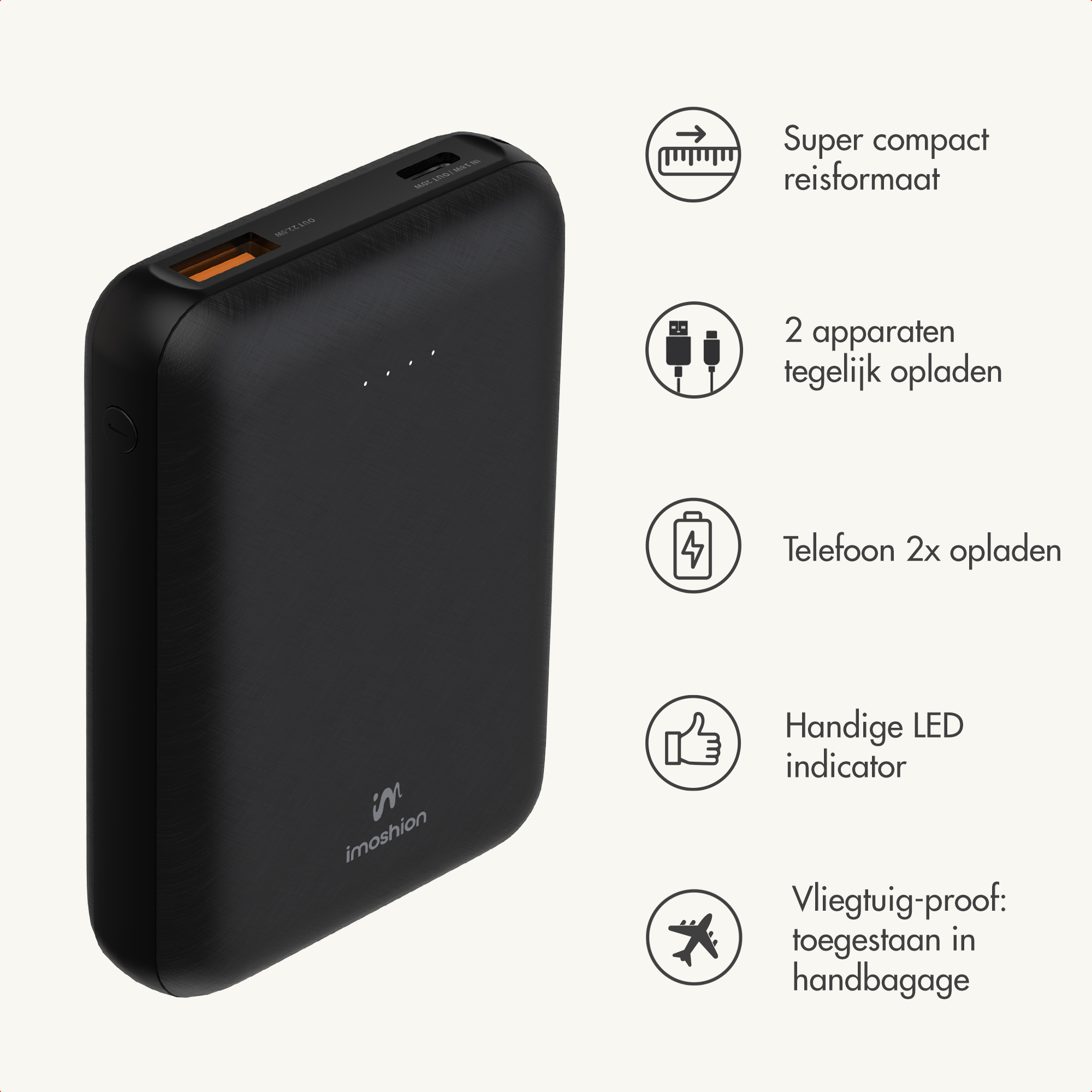 Power bank nera con icone: compatta, carica 2 dispositivi, carica telefono 2x, indicatore LED, approvata per aerei.