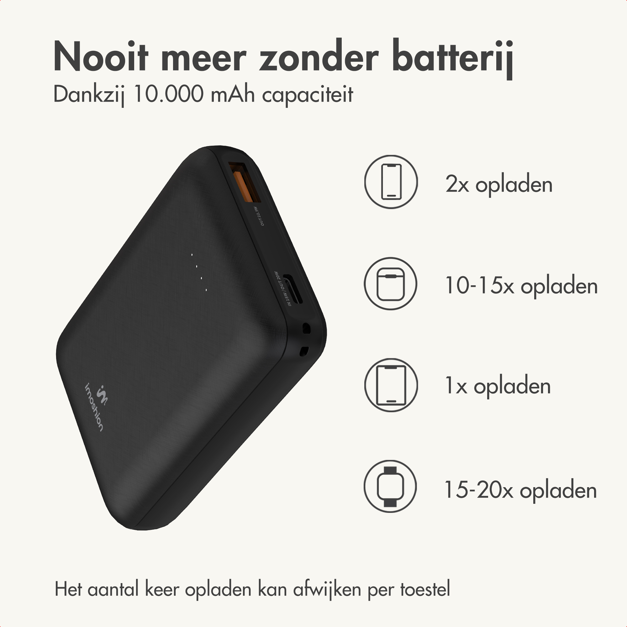 Power bank nera da 10.000 mAh con spie di ricarica.