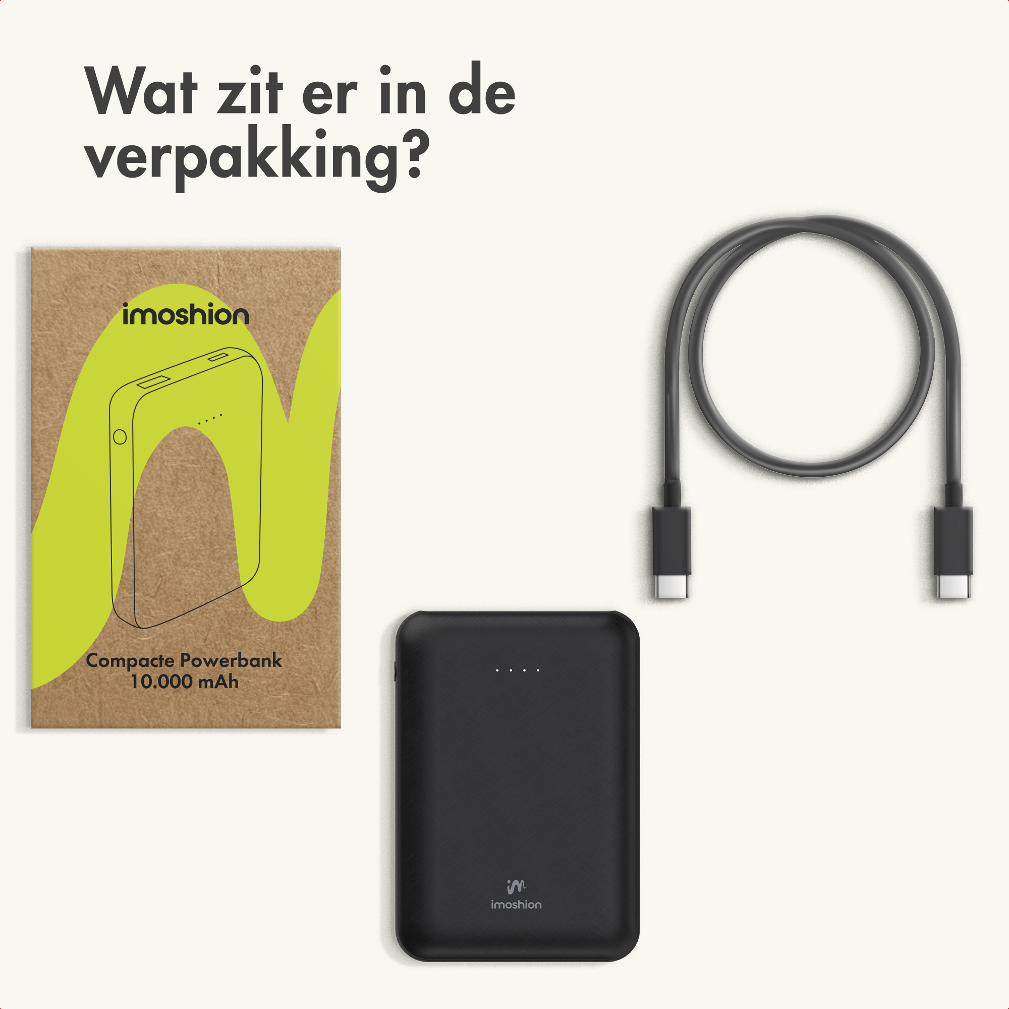 Un power bank Imoshion nero, cavo USB-C e confezione.