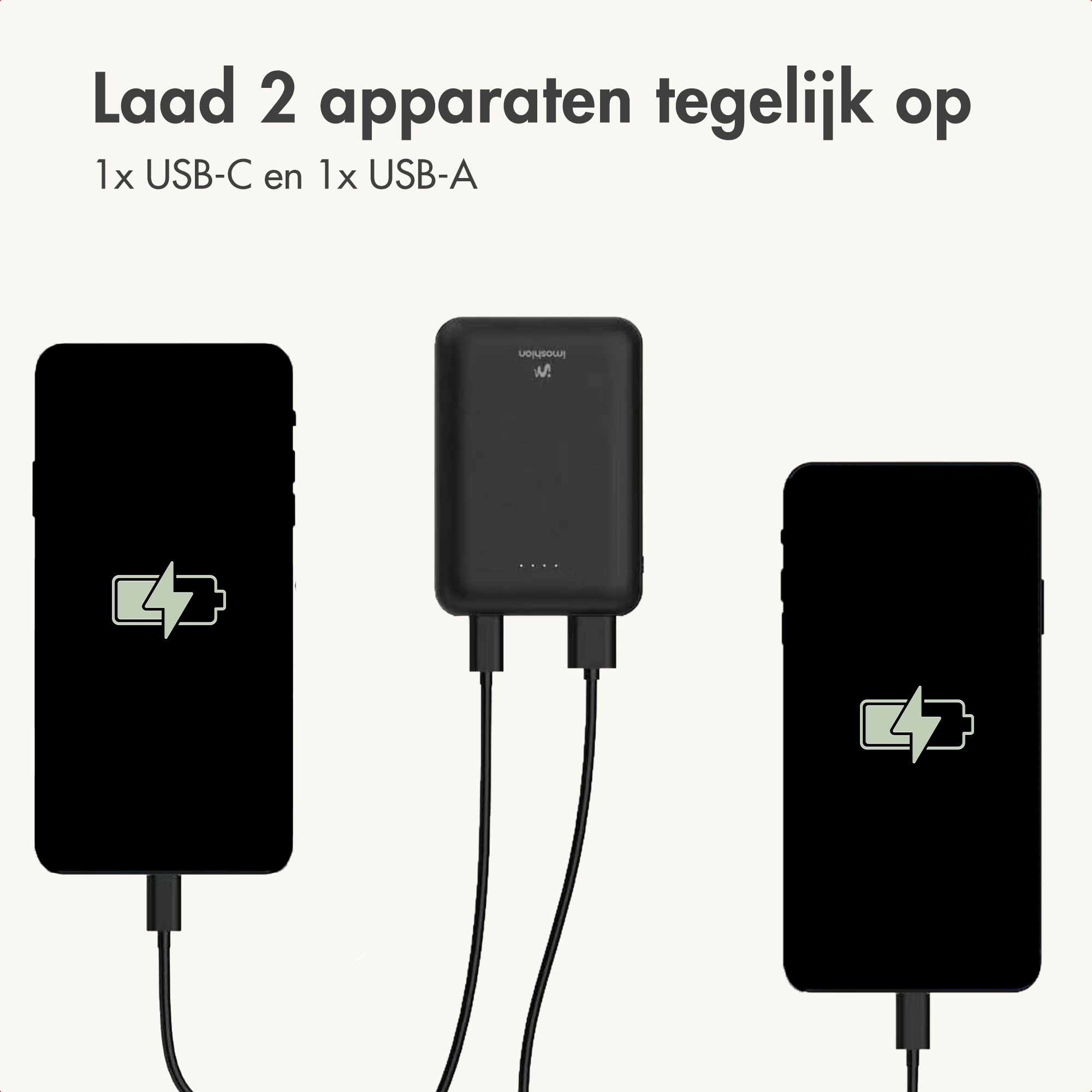 Un power bank nero carica due telefoni neri tramite cavi.