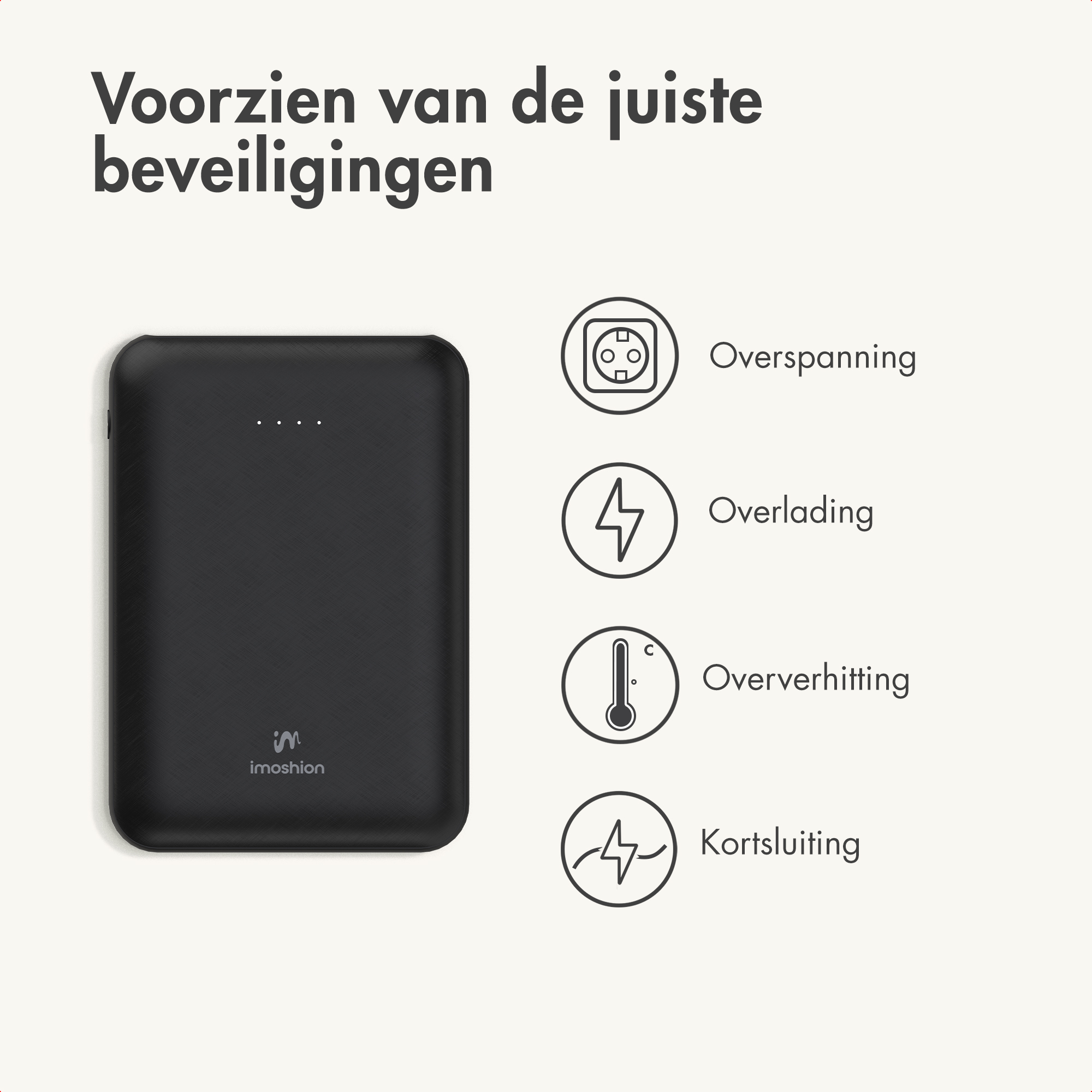 Power bank nero con icone per sovratensione, sovraccarico, surriscaldamento, cortocircuito.