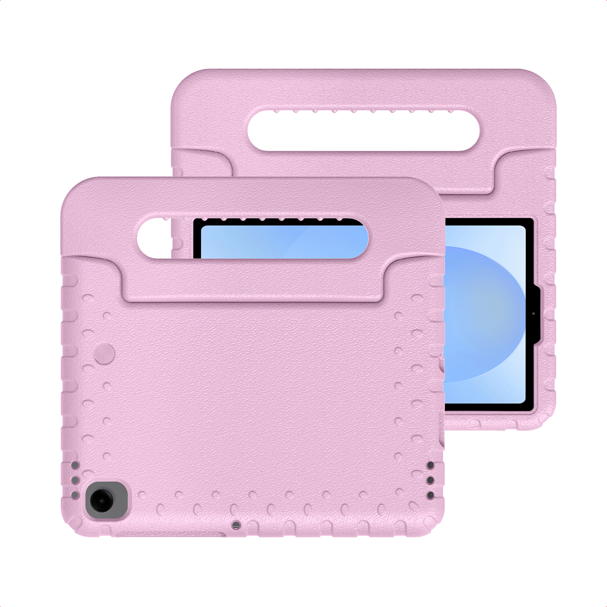 Two pink tablet cases with handles and camera cutouts shown.