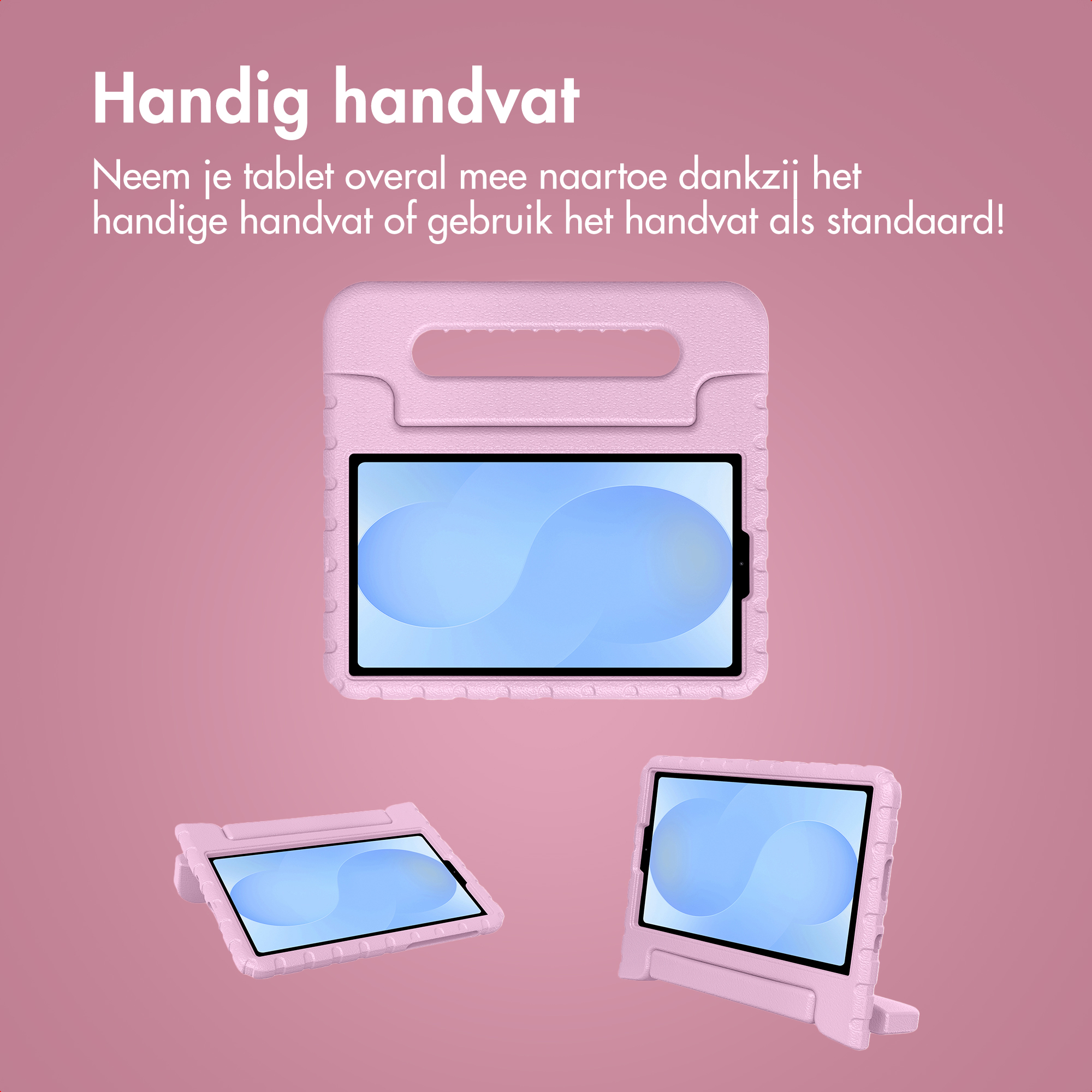 Three pink tablet cases with handles on a pink background.