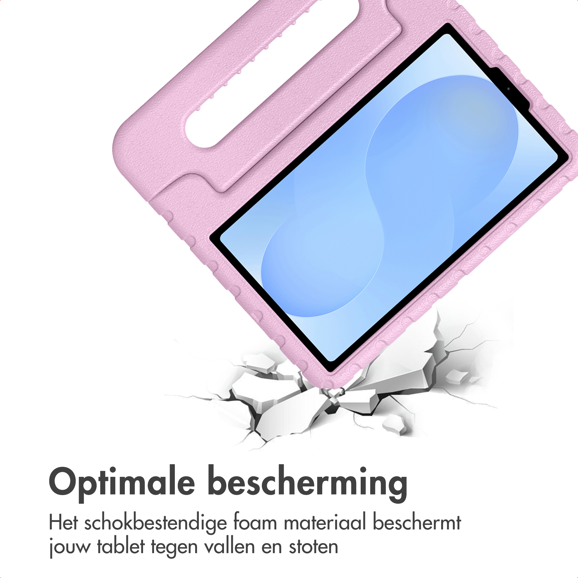 Pink tablet case with handle, depicted as falling onto a cracked surface.