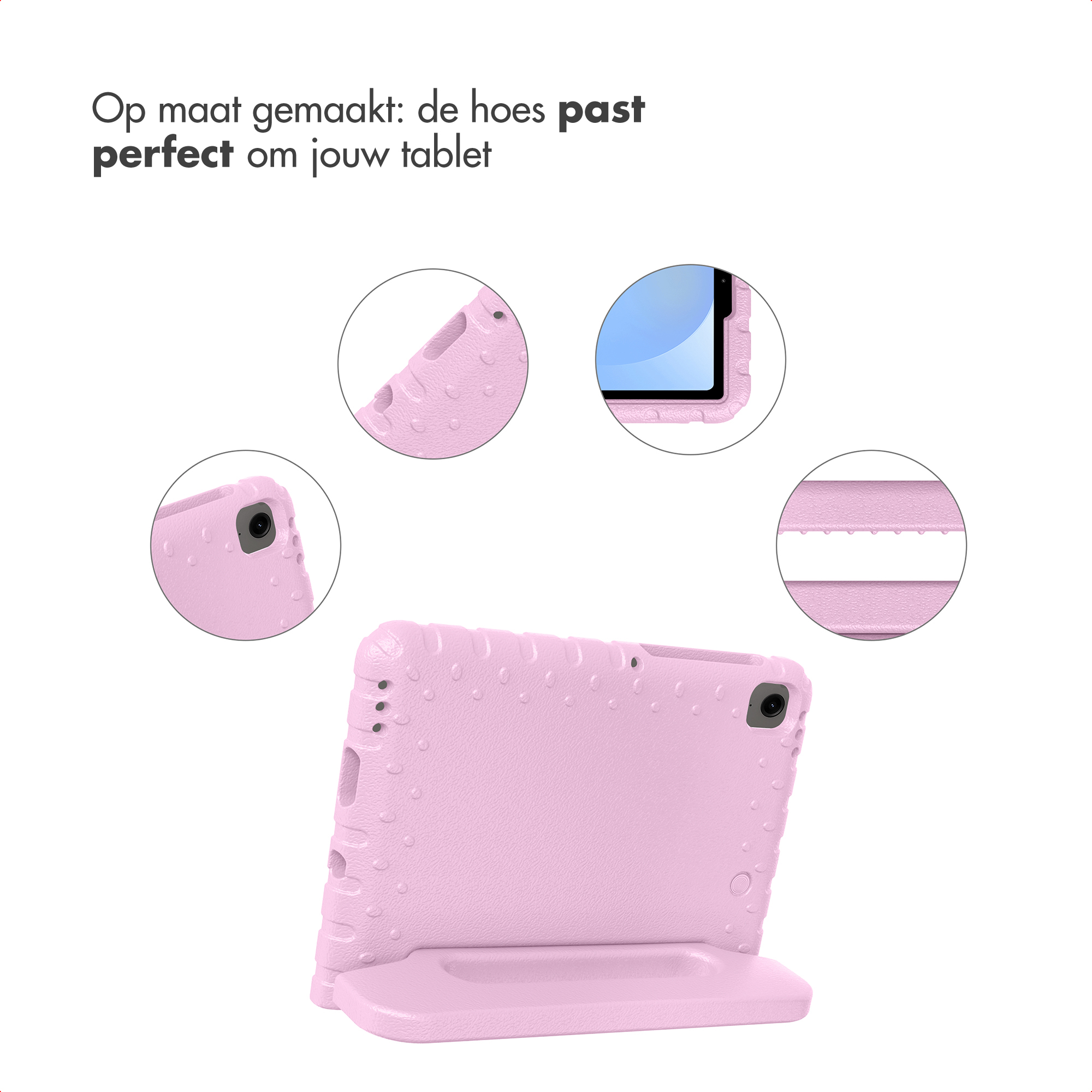A pink tablet case with cutouts for camera and ports, shown standing.