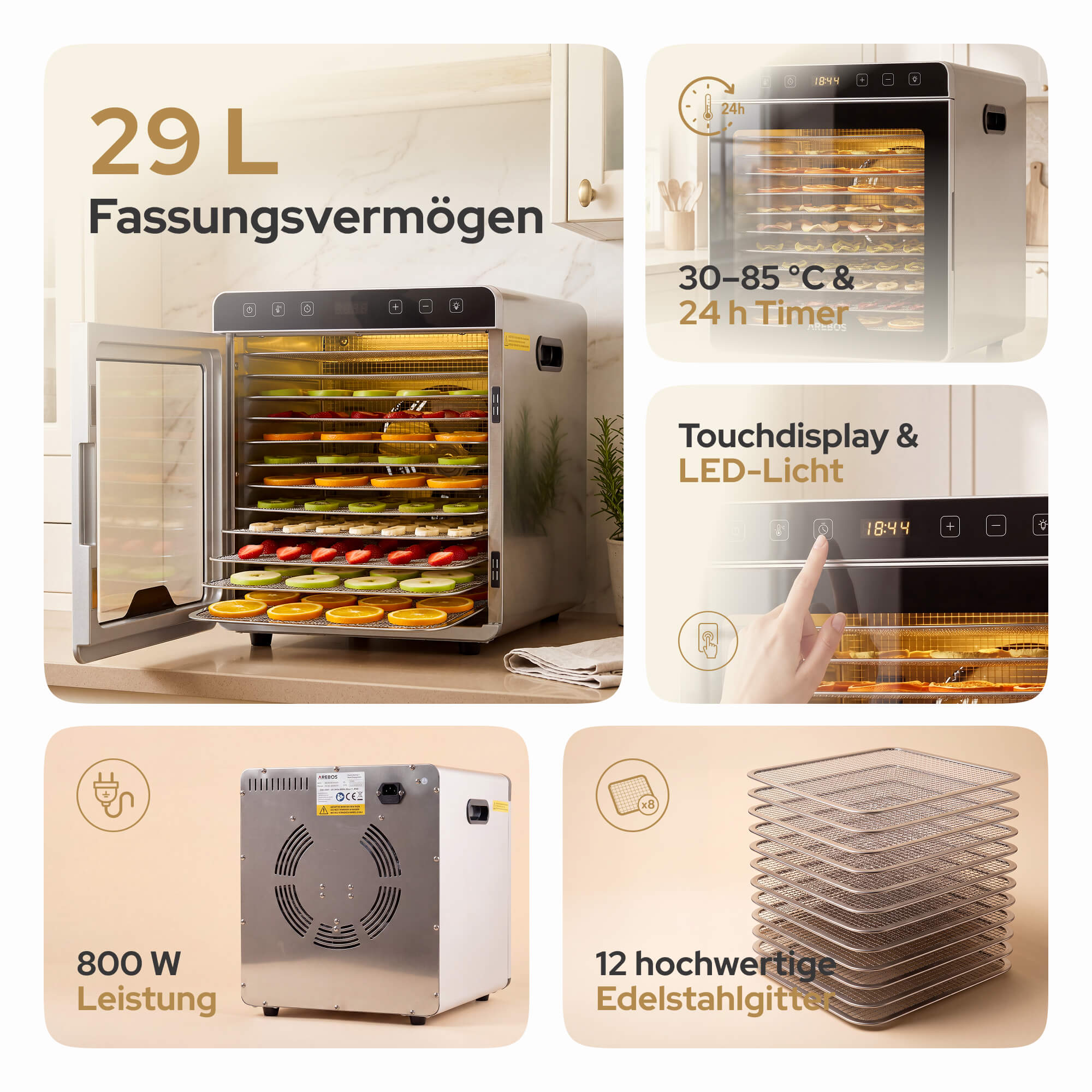 Ein Dörrautomat mit 29 L Fassungsvermögen, 800W Leistung und Touchdisplay.