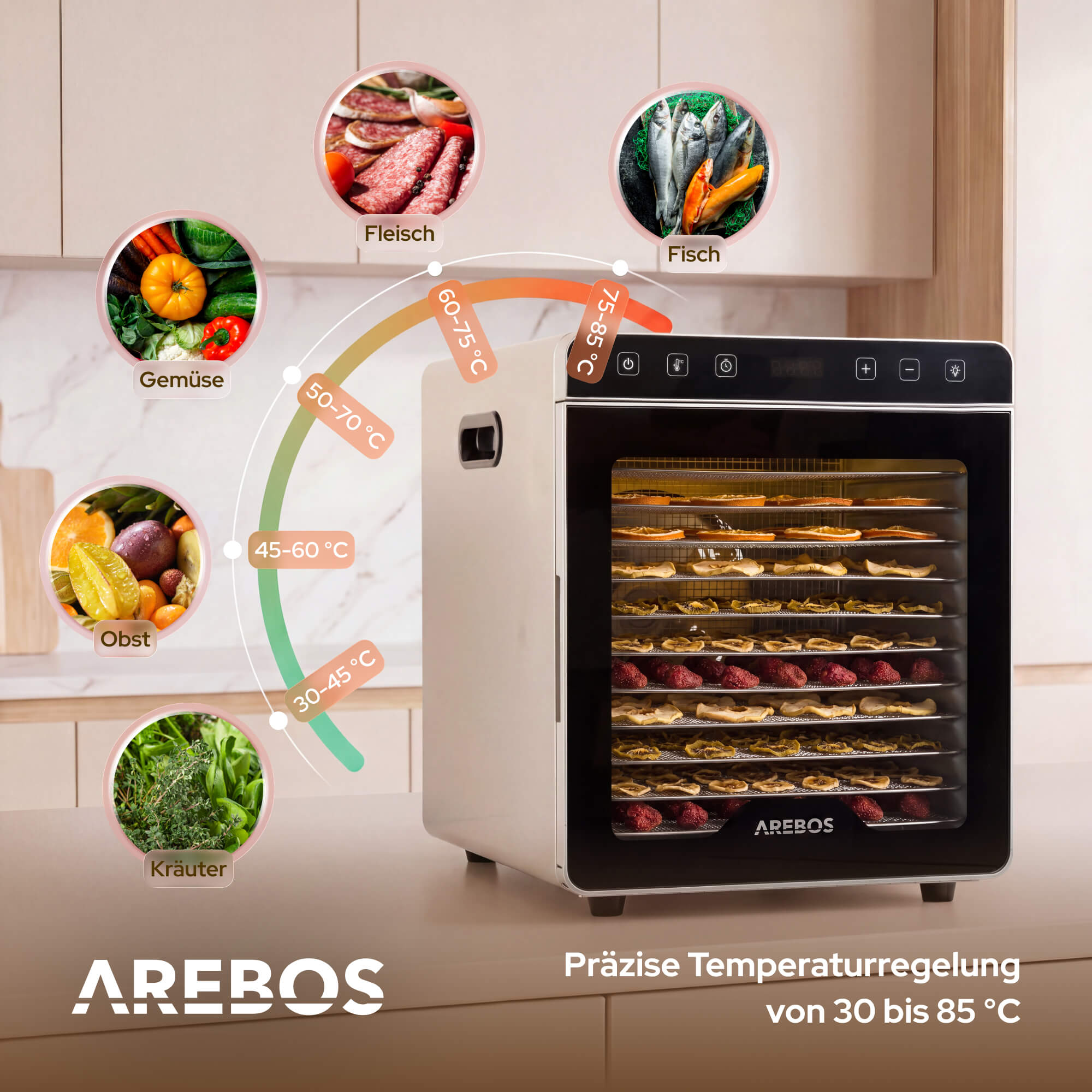 AREBOS Dörrgerät mit Temperaturregelung für Gemüse, Obst, Fleisch und Fisch.