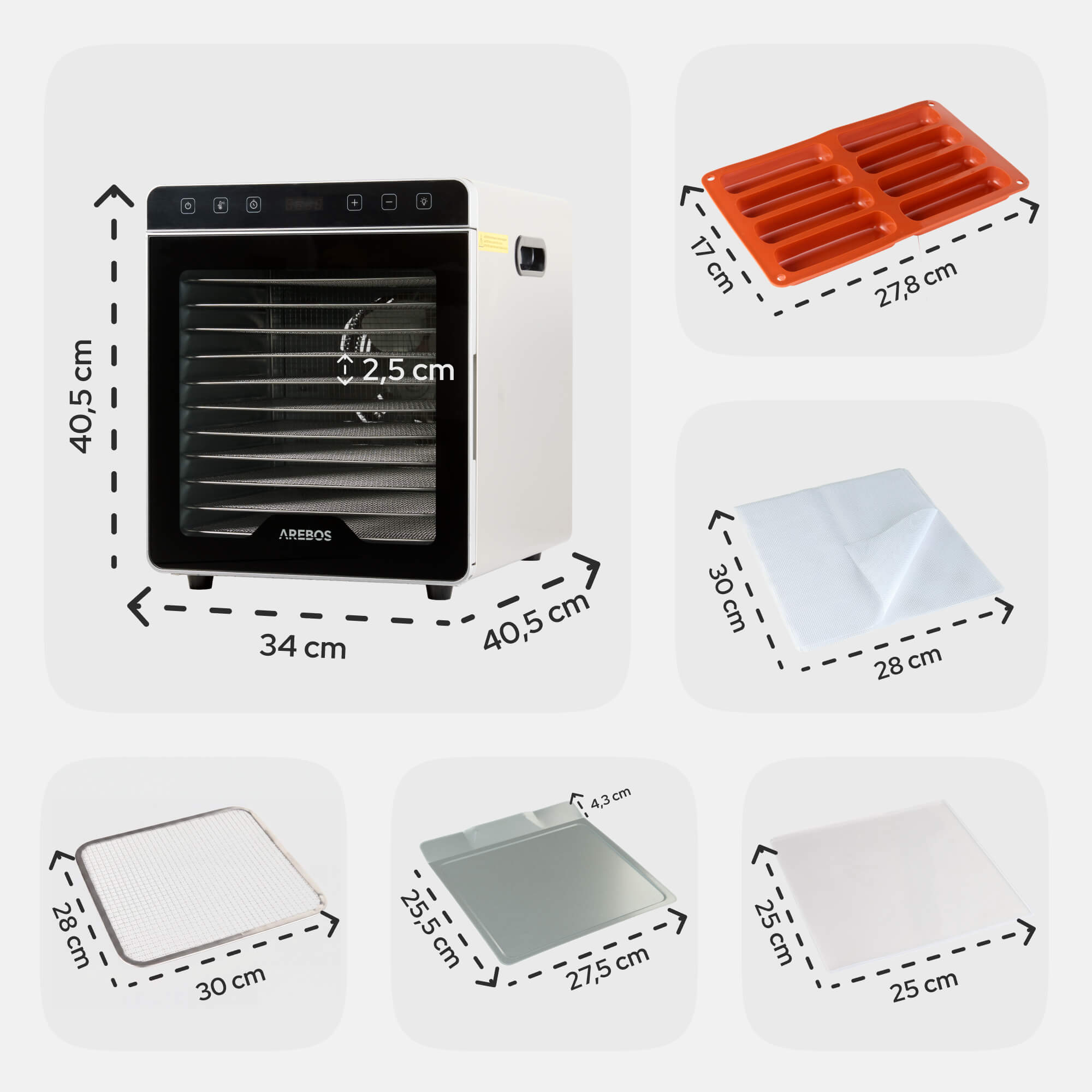 Ein weißer Dörrautomat mit schwarzen Türen und Trays. Zubehör: orange Silikonform, weißes Trockenpapier.