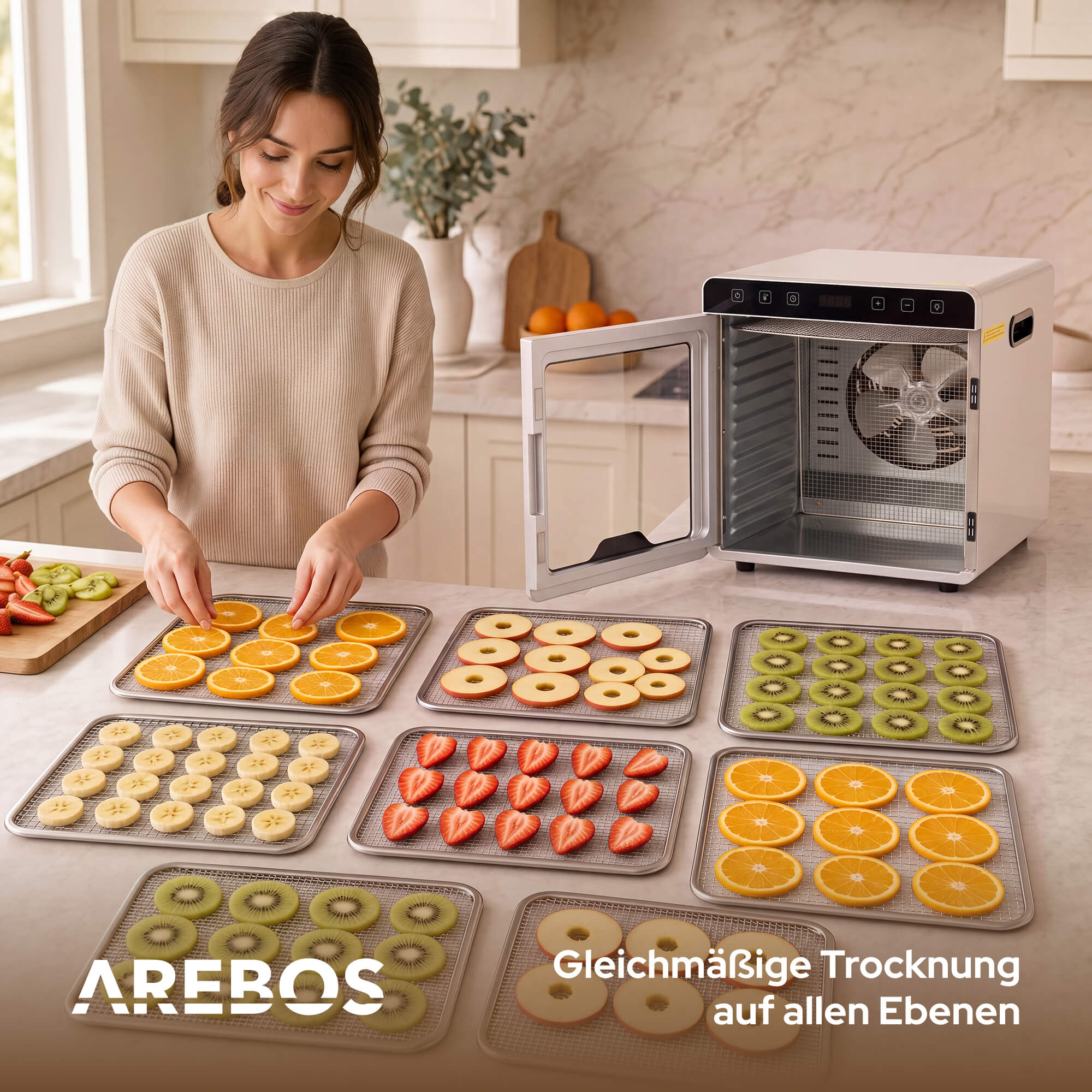 Eine Frau arrangiert Obstscheiben in einem Dörrgerät. Orangen, Kiwis, Erdbeeren, Bananen.