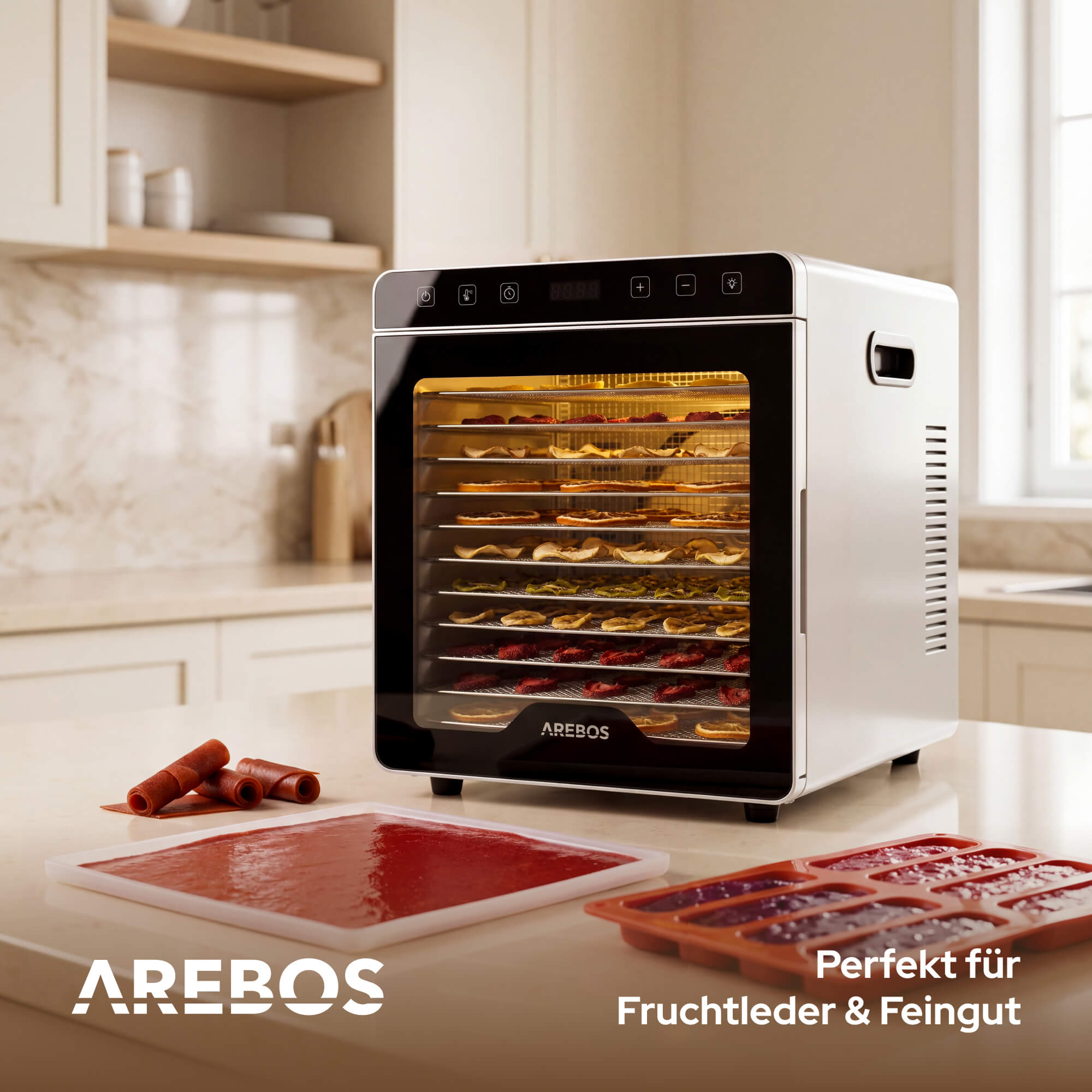 Ein Dörrgerät mit mehreren Ebenen, gefüllt mit getrockneten Früchten.