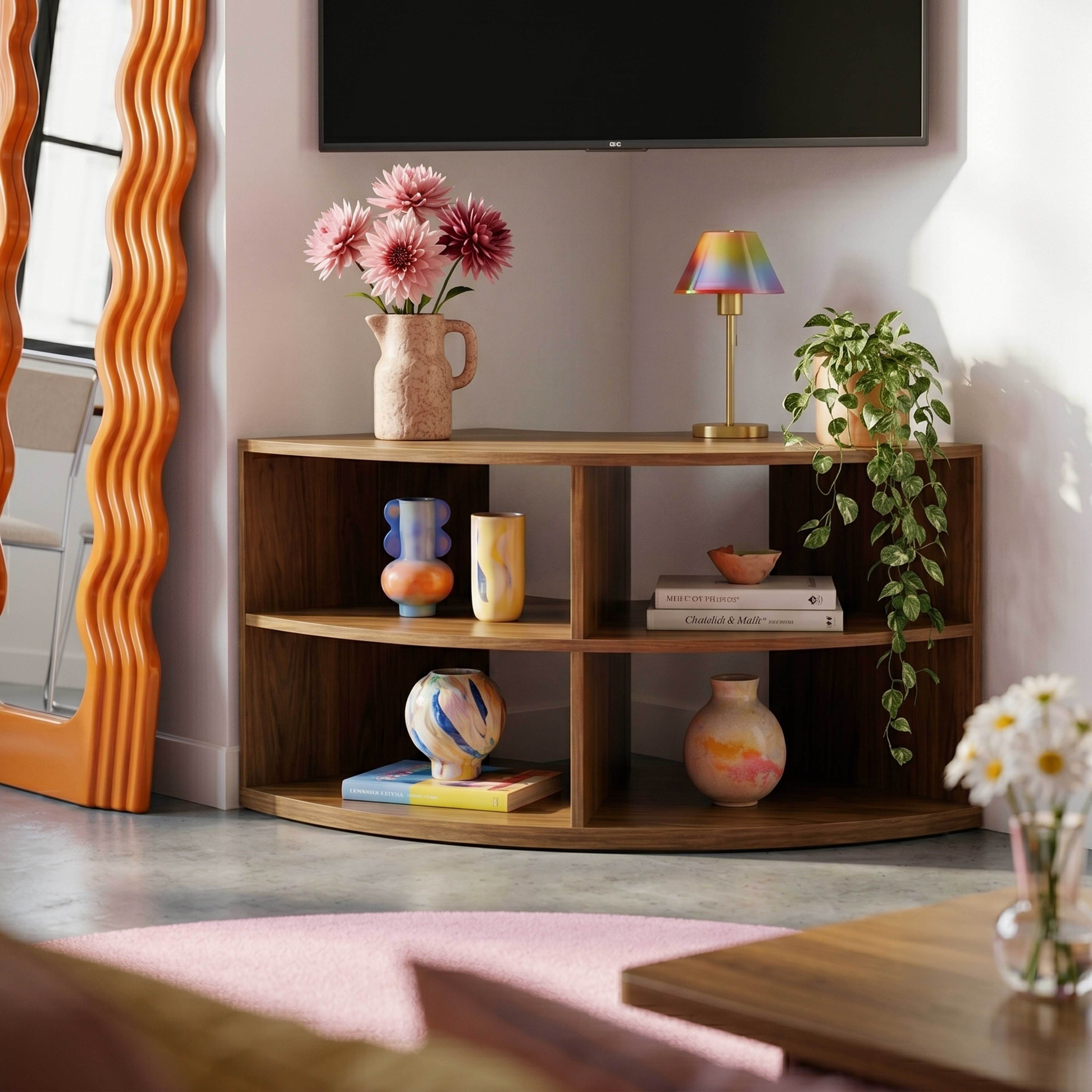 Ein Eckregal aus Holz mit Dekoartikeln, Blumen und einer Lampe.