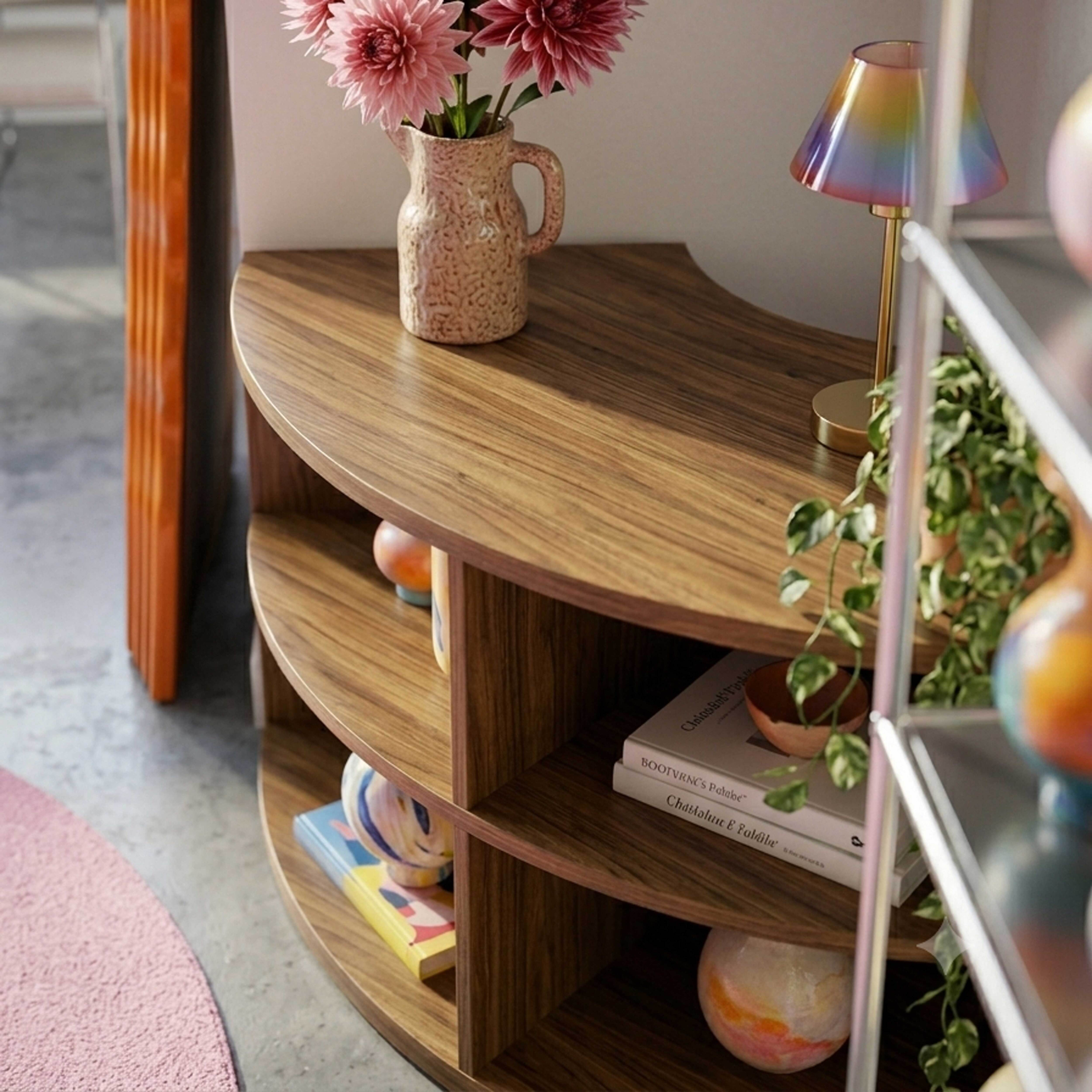 Ein Holzregal mit Blumen, Lampe und Büchern. Ein rosa Teppich im Vordergrund.