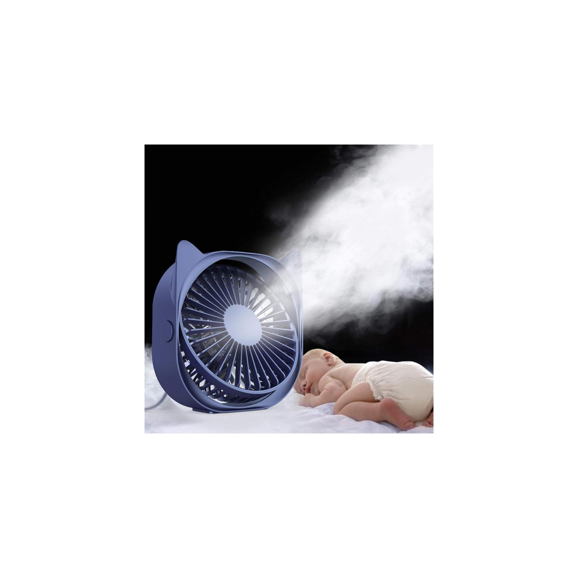 Ein blauer Ventilator mit Katzenohren sprüht Nebel auf ein schlafendes Baby.