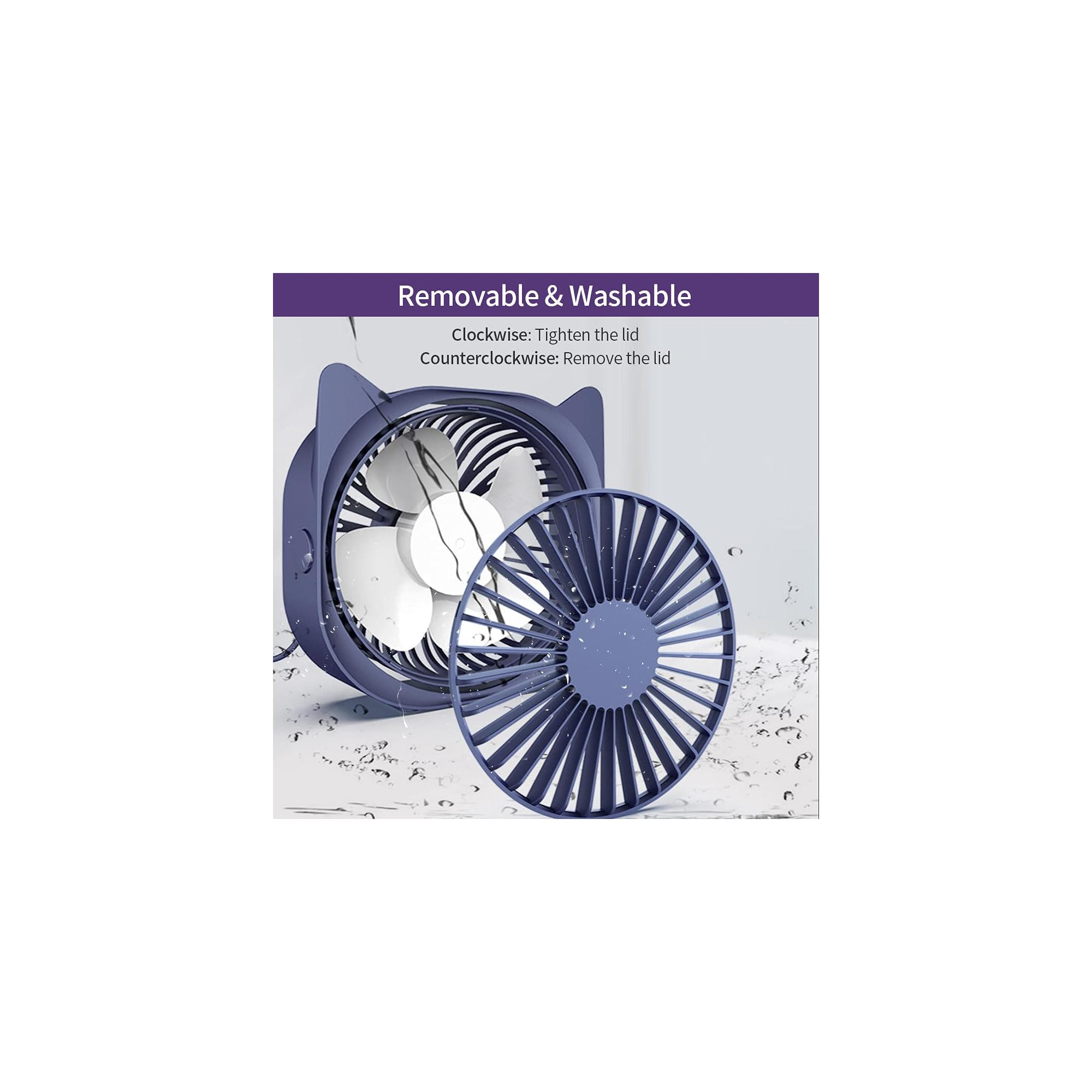 Ein blauer Ventilator mit abnehmbarem Gitter und Wasser auf dem Boden.
