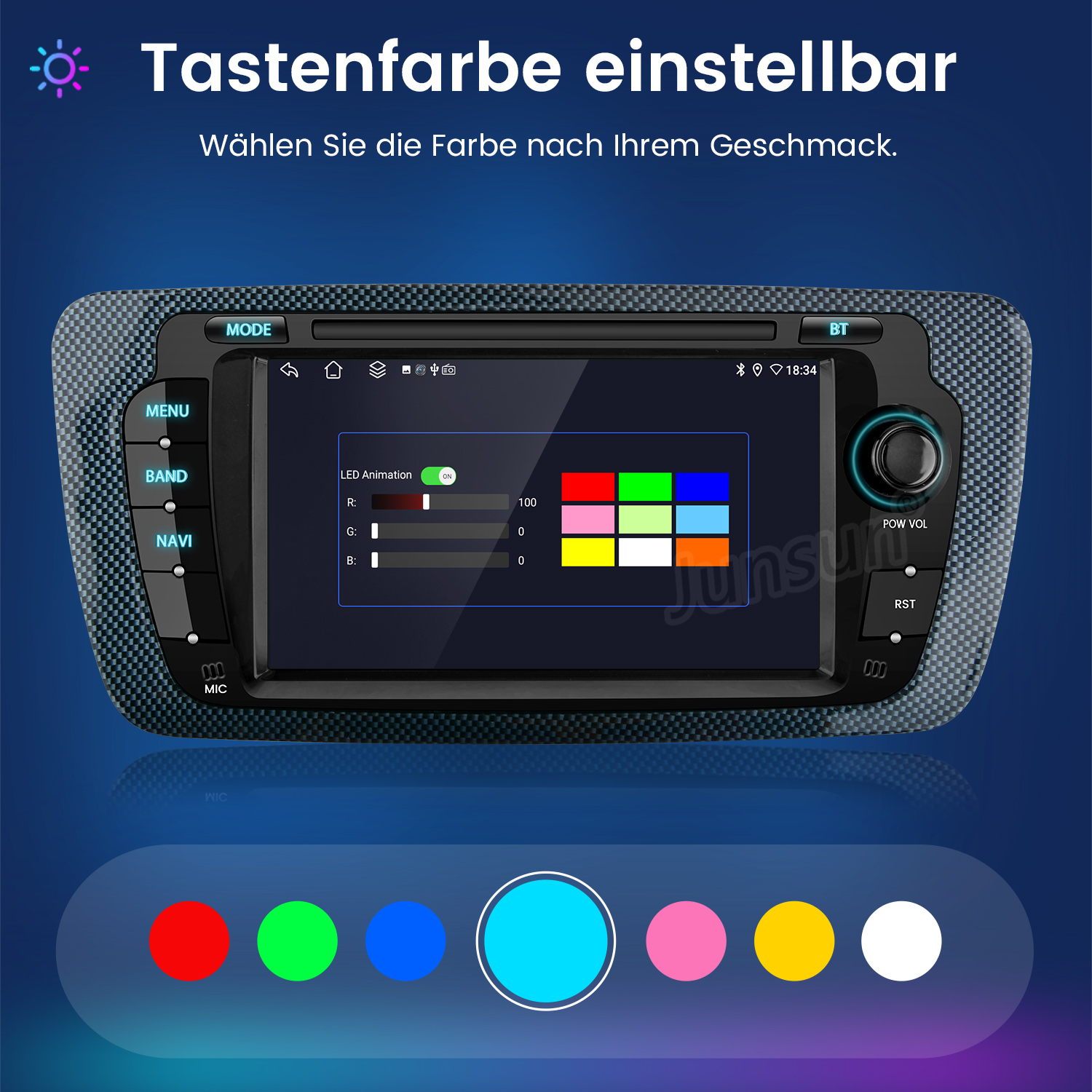 Ein Autoradio-Bildschirm zeigt ein Menü zur Einstellung der Tastenfarbe mit Farbauswahl.